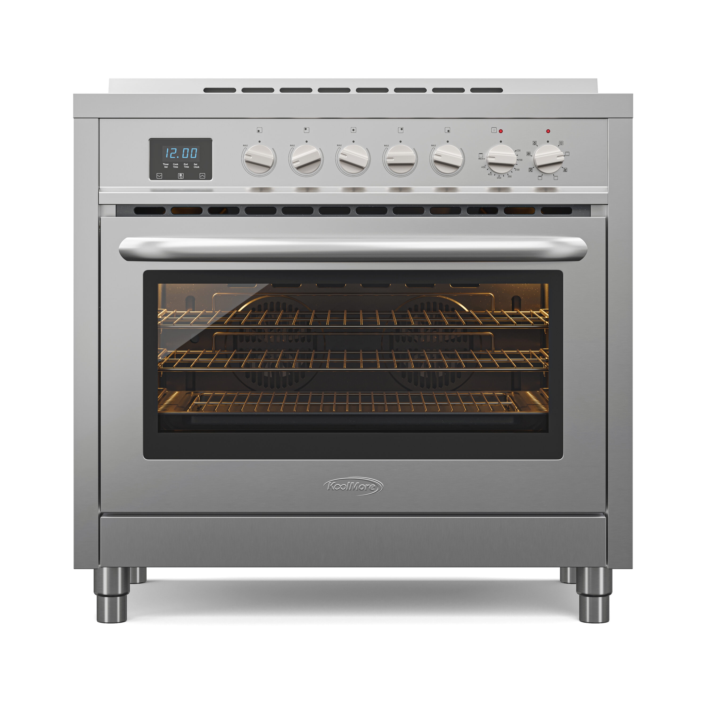 Estufa eléctrica independiente con horno de convección de 4.3 pies cúbicos y 5 quemadores de vidrio de 36 pulgadas con tapa de acero inoxidable.