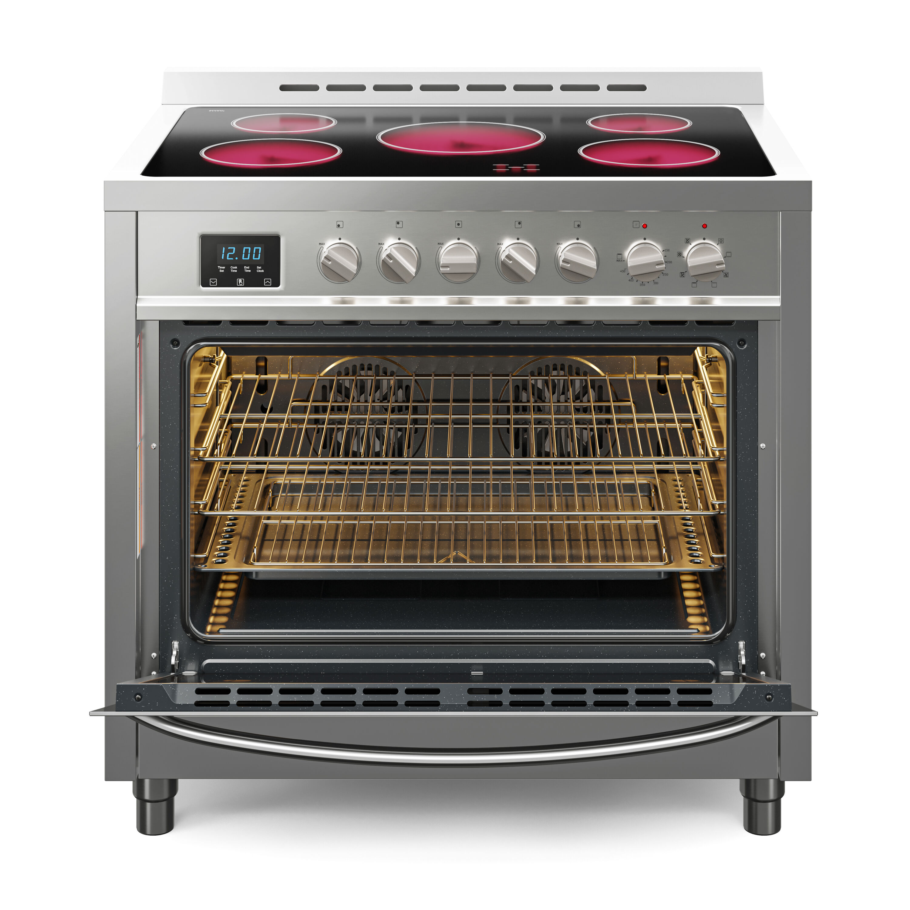 Estufa eléctrica independiente con horno de convección de 4.3 pies cúbicos y 5 quemadores de vidrio de 36 pulgadas con tapa de acero inoxidable.
