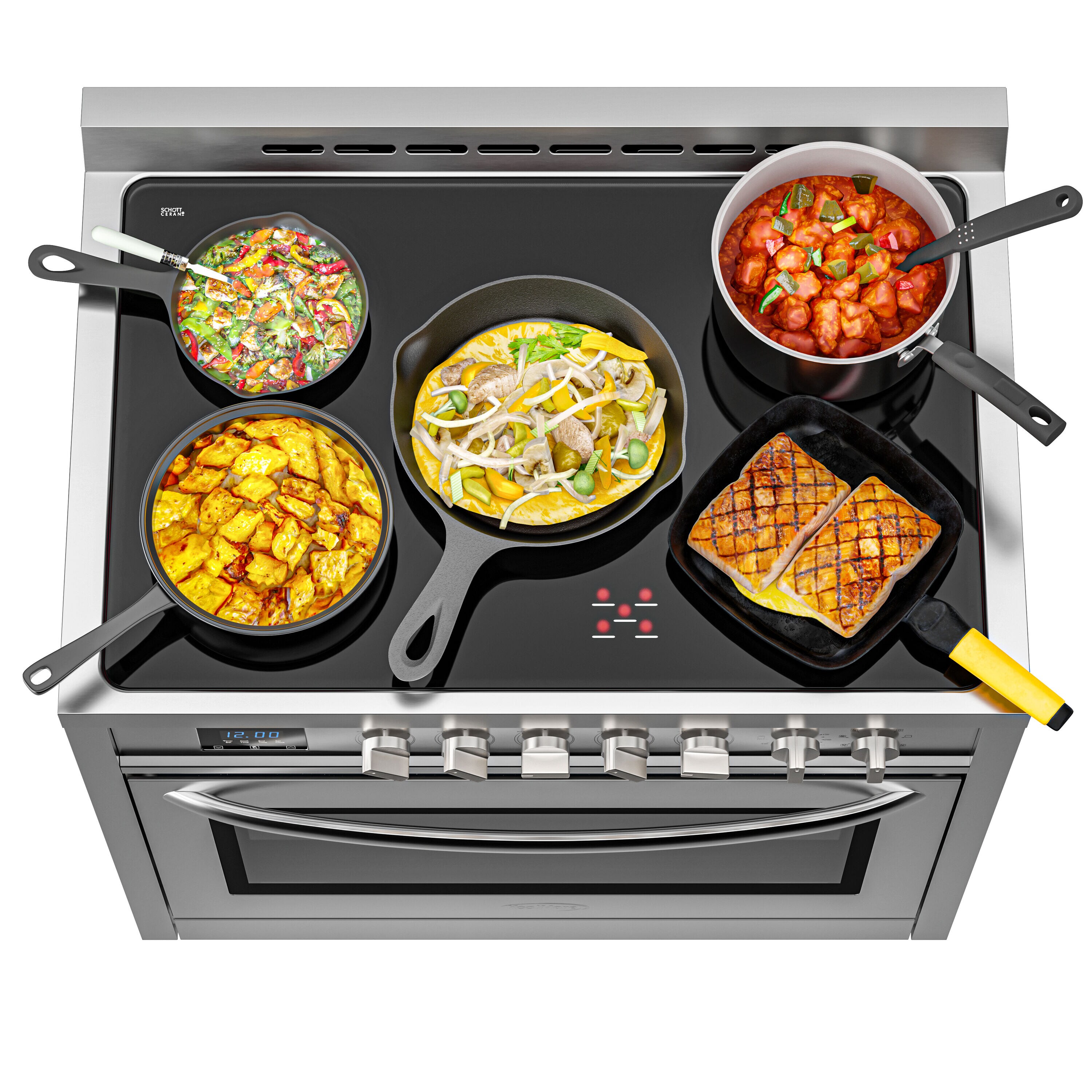 Estufa eléctrica independiente con horno de convección de 4.3 pies cúbicos y 5 quemadores de vidrio de 36 pulgadas con tapa de acero inoxidable.