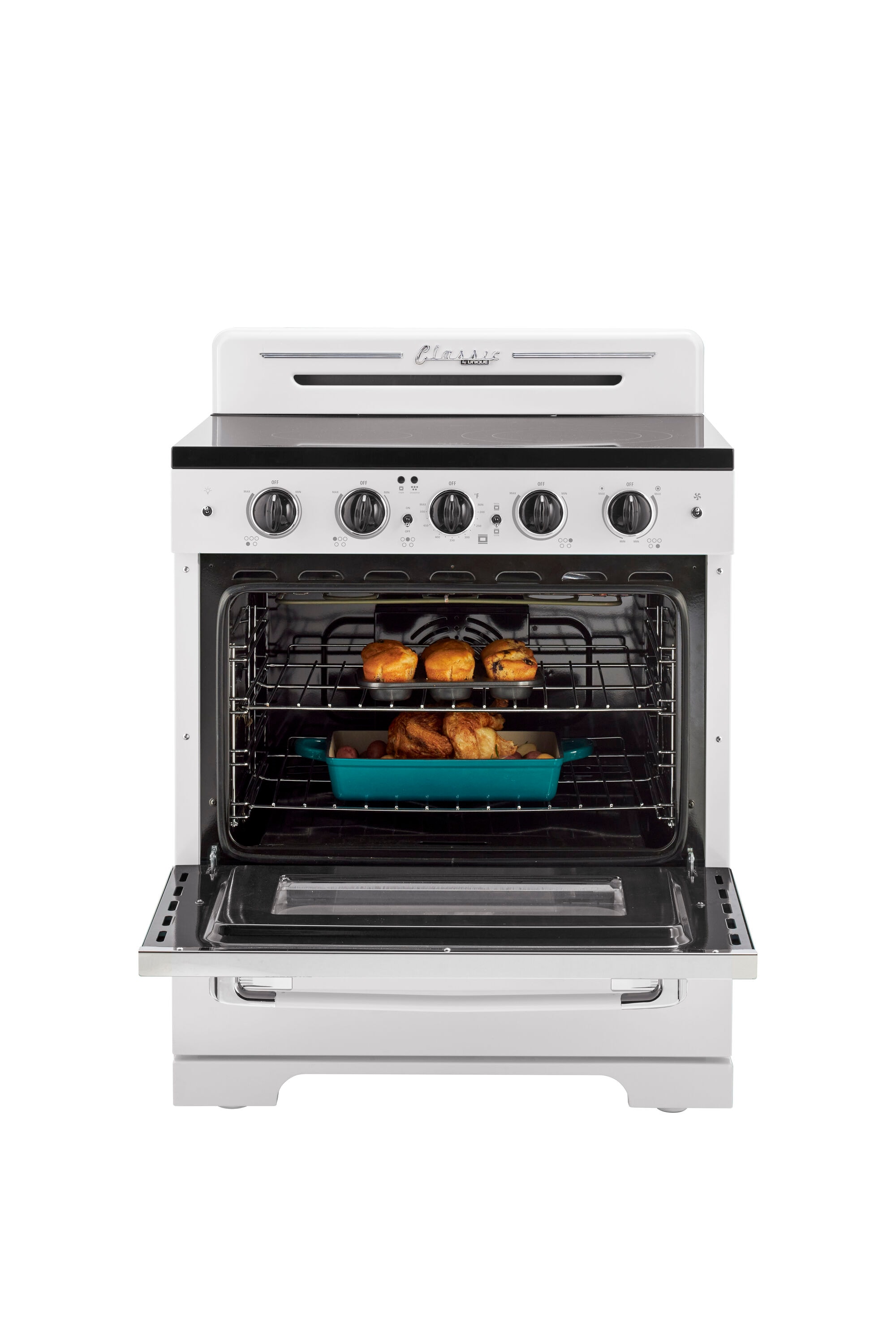 Estufa Eléctrica Independiente de Gama Retro Clásico ÚNICO con Cubierta de Cristal de 30 pulgadas, 5 quemadores y Horno de Convección de 3.9 pies cúbicos con Revestimiento WipeClean (Blanco Malvavisco) UGP-30CR EC W
