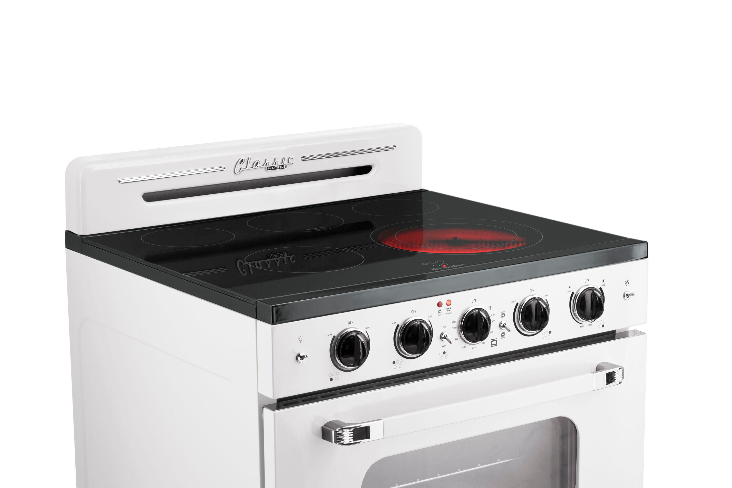 Estufa Eléctrica Independiente de Gama Retro Clásico ÚNICO con Cubierta de Cristal de 30 pulgadas, 5 quemadores y Horno de Convección de 3.9 pies cúbicos con Revestimiento WipeClean (Blanco Malvavisco) UGP-30CR EC W