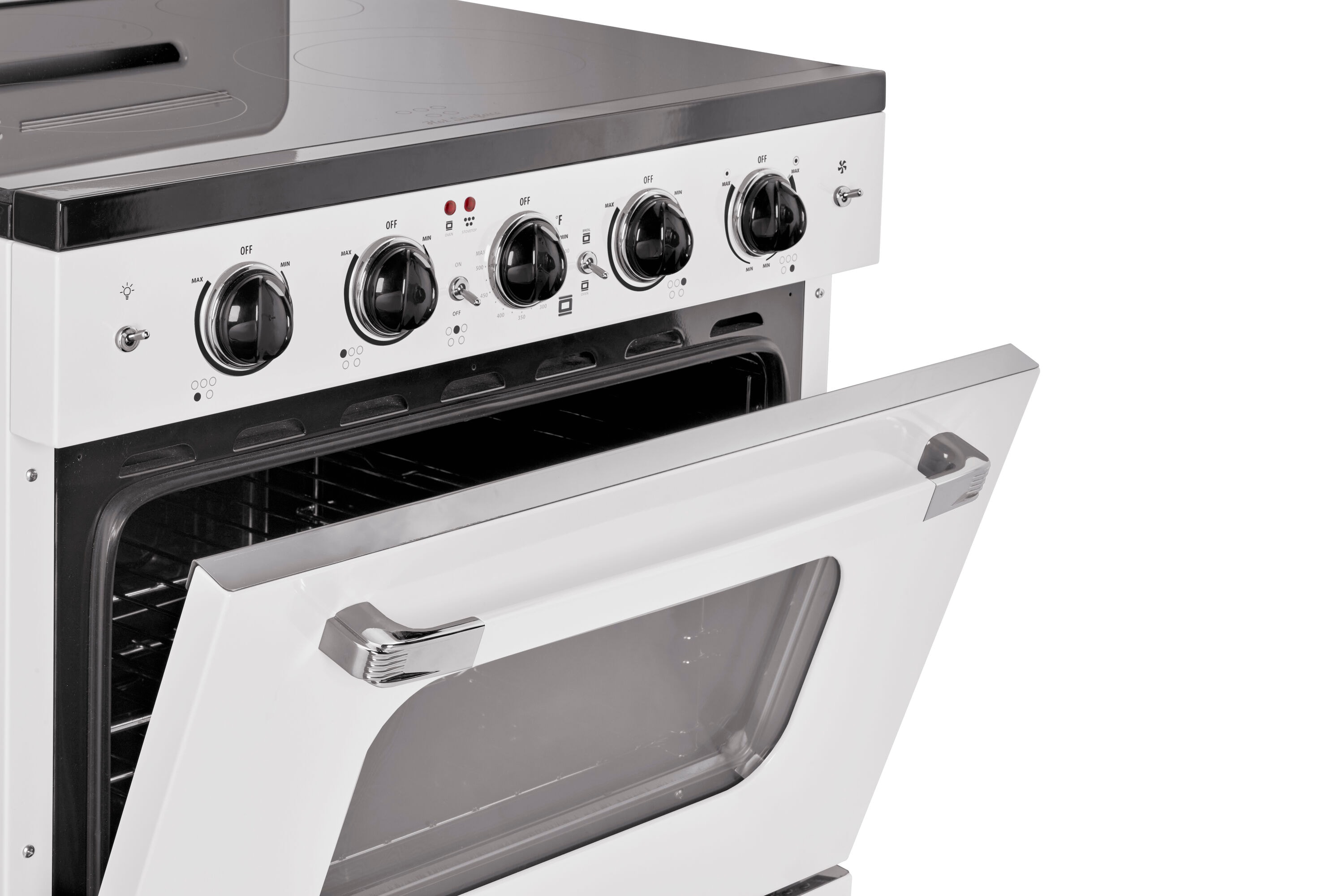 Estufa Eléctrica Independiente de Gama Retro Clásico ÚNICO con Cubierta de Cristal de 30 pulgadas, 5 quemadores y Horno de Convección de 3.9 pies cúbicos con Revestimiento WipeClean (Blanco Malvavisco) UGP-30CR EC W
