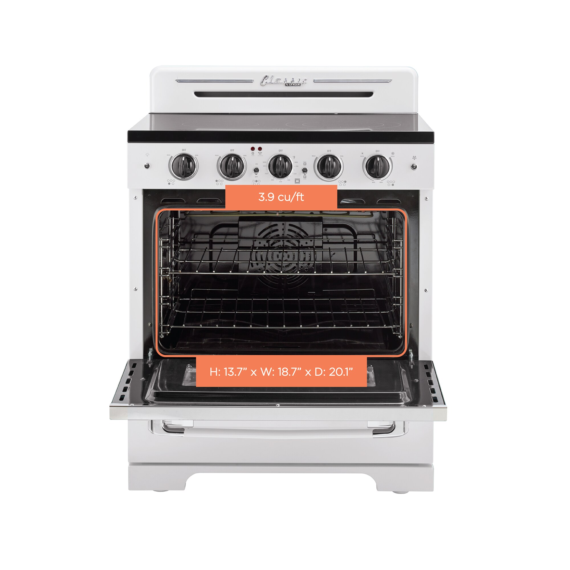 Estufa Eléctrica Independiente de Gama Retro Clásico ÚNICO con Cubierta de Cristal de 30 pulgadas, 5 quemadores y Horno de Convección de 3.9 pies cúbicos con Revestimiento WipeClean (Blanco Malvavisco) UGP-30CR EC W