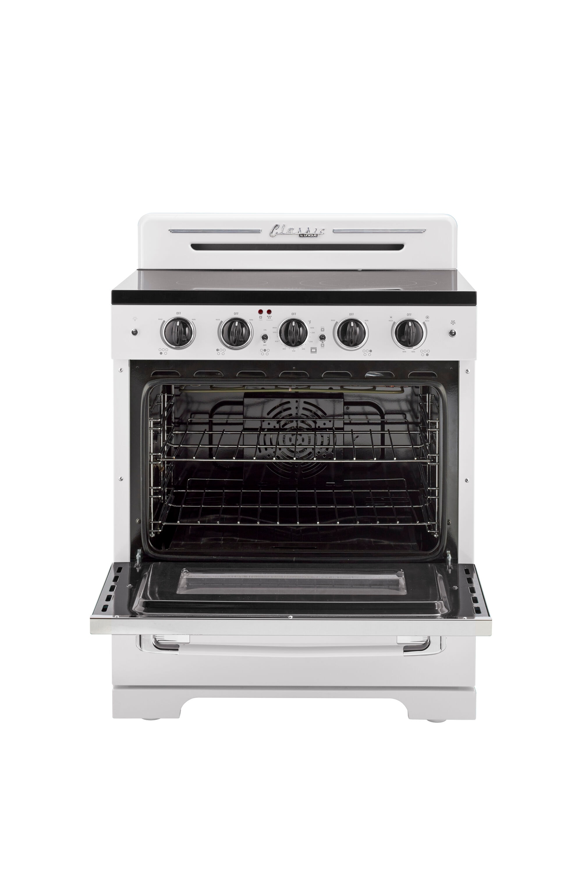 Estufa Eléctrica Independiente de Gama Retro Clásico ÚNICO con Cubierta de Cristal de 30 pulgadas, 5 quemadores y Horno de Convección de 3.9 pies cúbicos con Revestimiento WipeClean (Blanco Malvavisco) UGP-30CR EC W