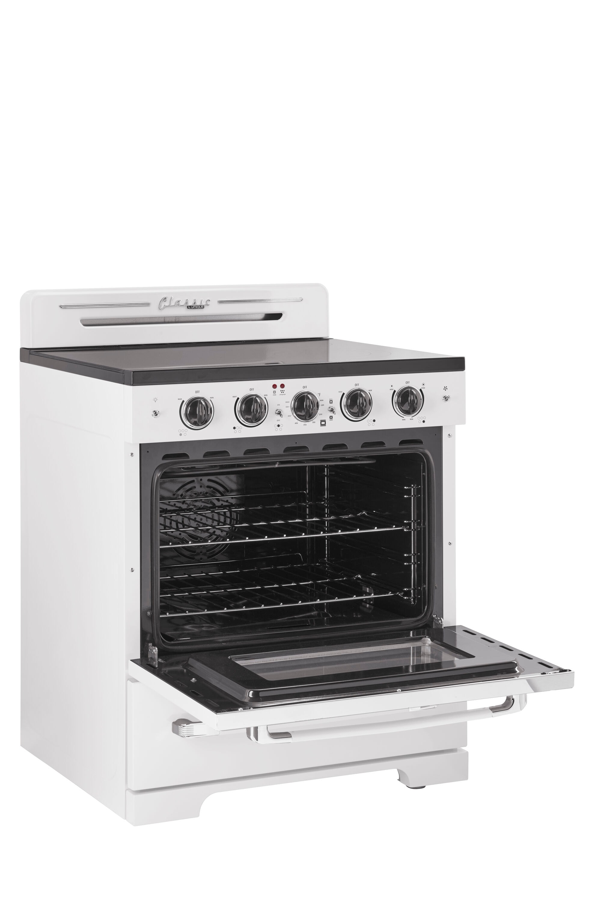 Estufa Eléctrica Independiente de Gama Retro Clásico ÚNICO con Cubierta de Cristal de 30 pulgadas, 5 quemadores y Horno de Convección de 3.9 pies cúbicos con Revestimiento WipeClean (Blanco Malvavisco) UGP-30CR EC W