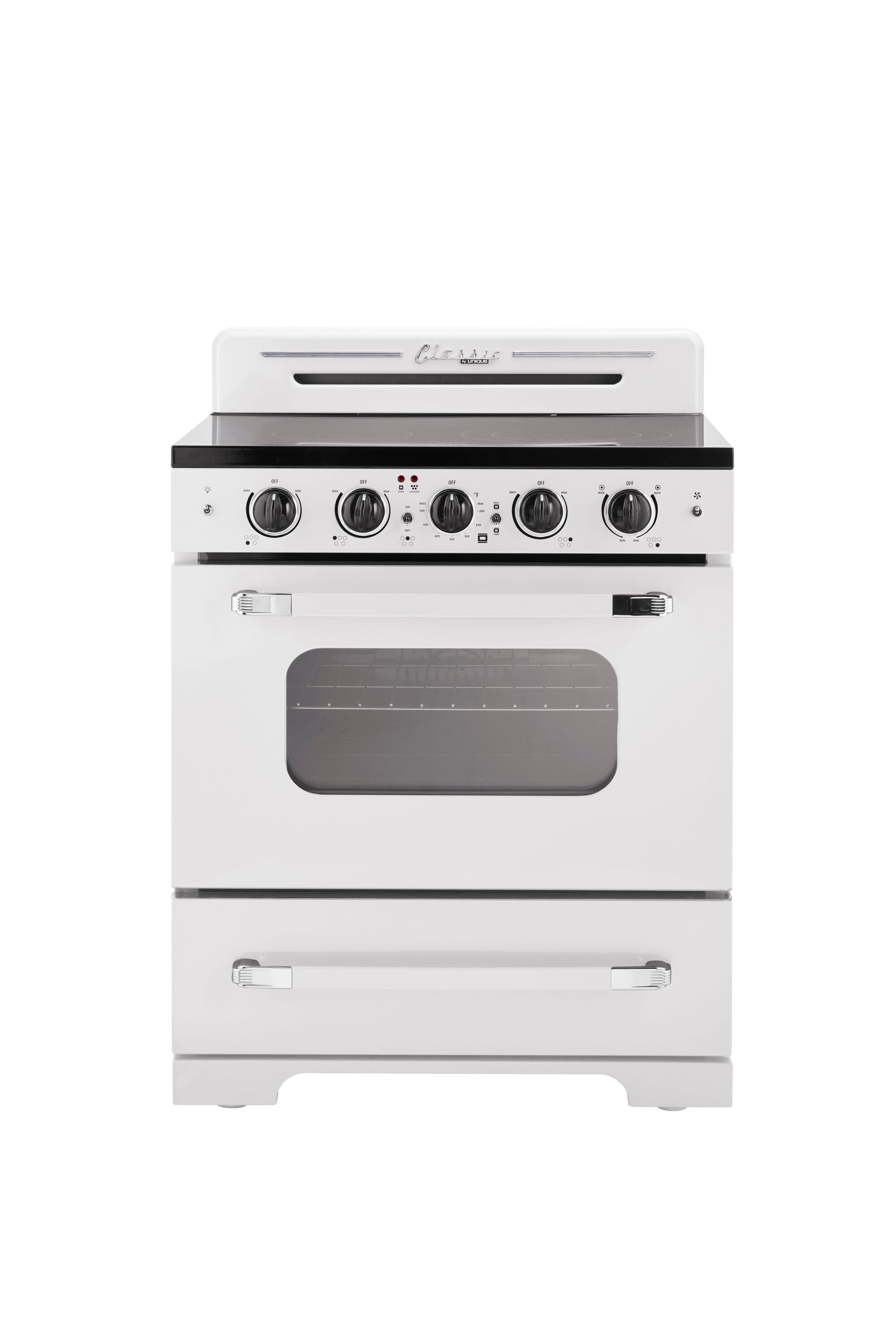 Estufa Eléctrica Independiente de Gama Retro Clásico ÚNICO con Cubierta de Cristal de 30 pulgadas, 5 quemadores y Horno de Convección de 3.9 pies cúbicos con Revestimiento WipeClean (Blanco Malvavisco) UGP-30CR EC W