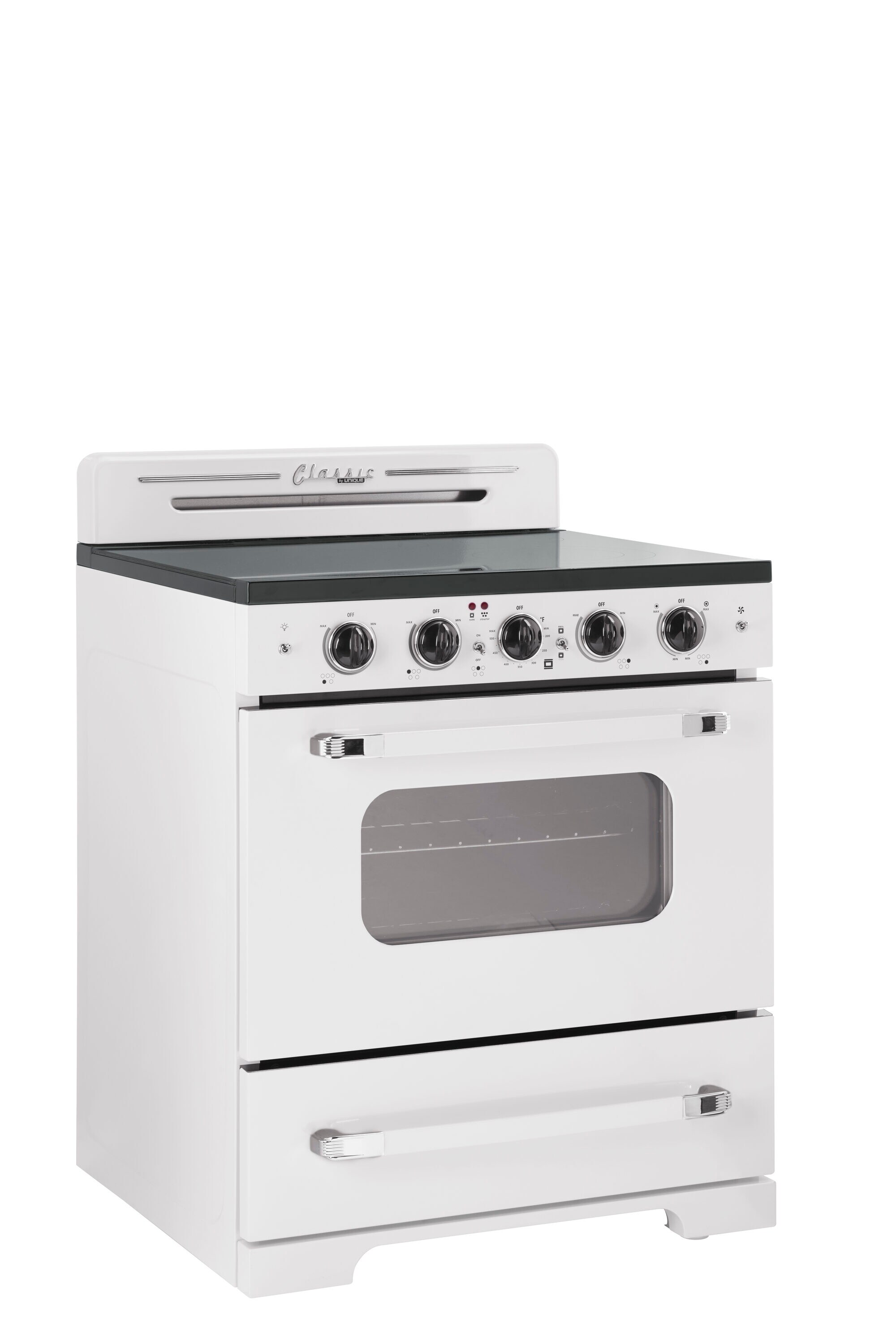 Estufa Eléctrica Independiente de Gama Retro Clásico ÚNICO con Cubierta de Cristal de 30 pulgadas, 5 quemadores y Horno de Convección de 3.9 pies cúbicos con Revestimiento WipeClean (Blanco Malvavisco) UGP-30CR EC W