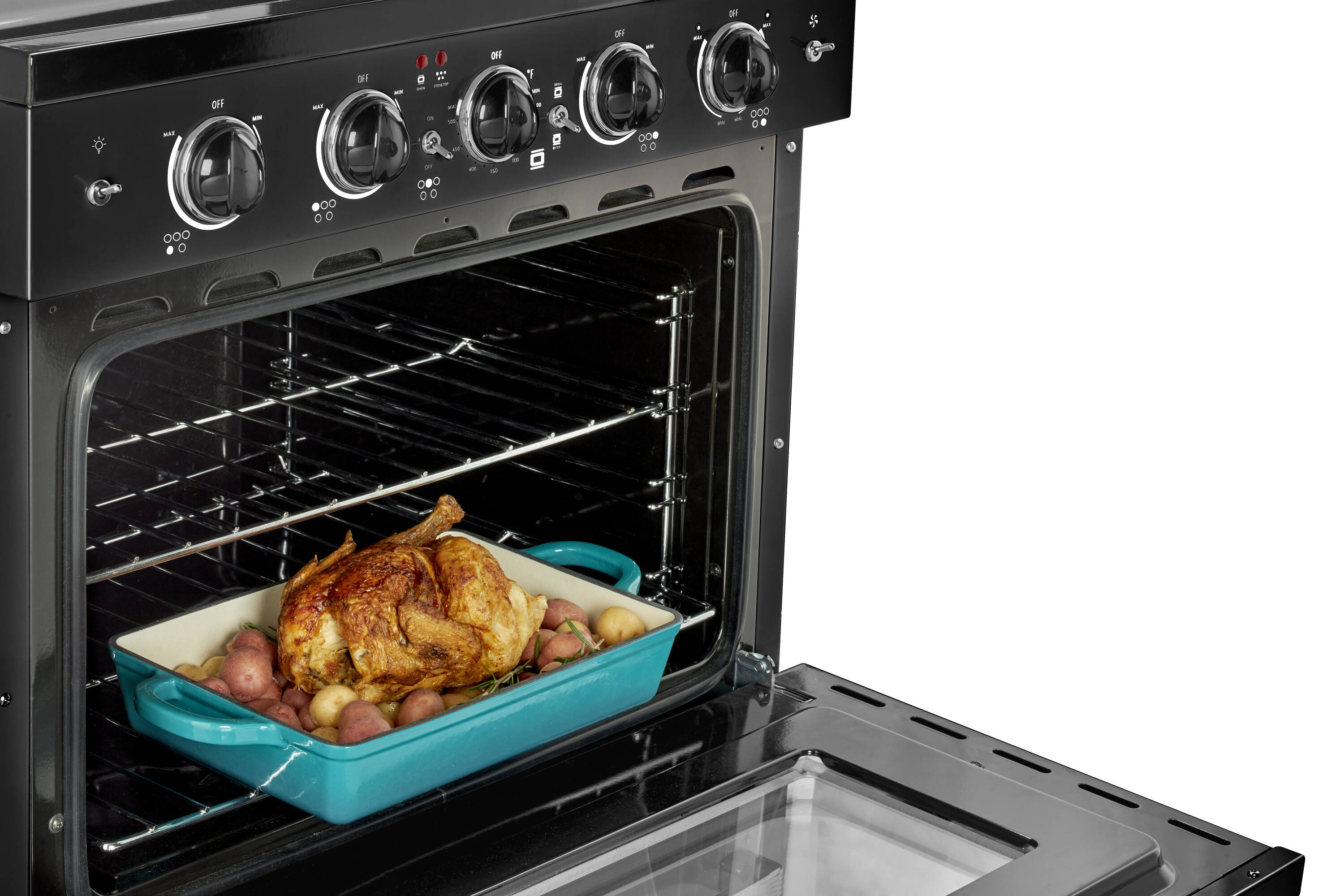 Estufa eléctrica independiente UNIQUE Classic Retro de 30 pulgadas con 5 quemadores, horno de convección de 3.9 pies cúbicos y cubierta de vidrio. (Negro Medianoche) UGP-30CR EC B