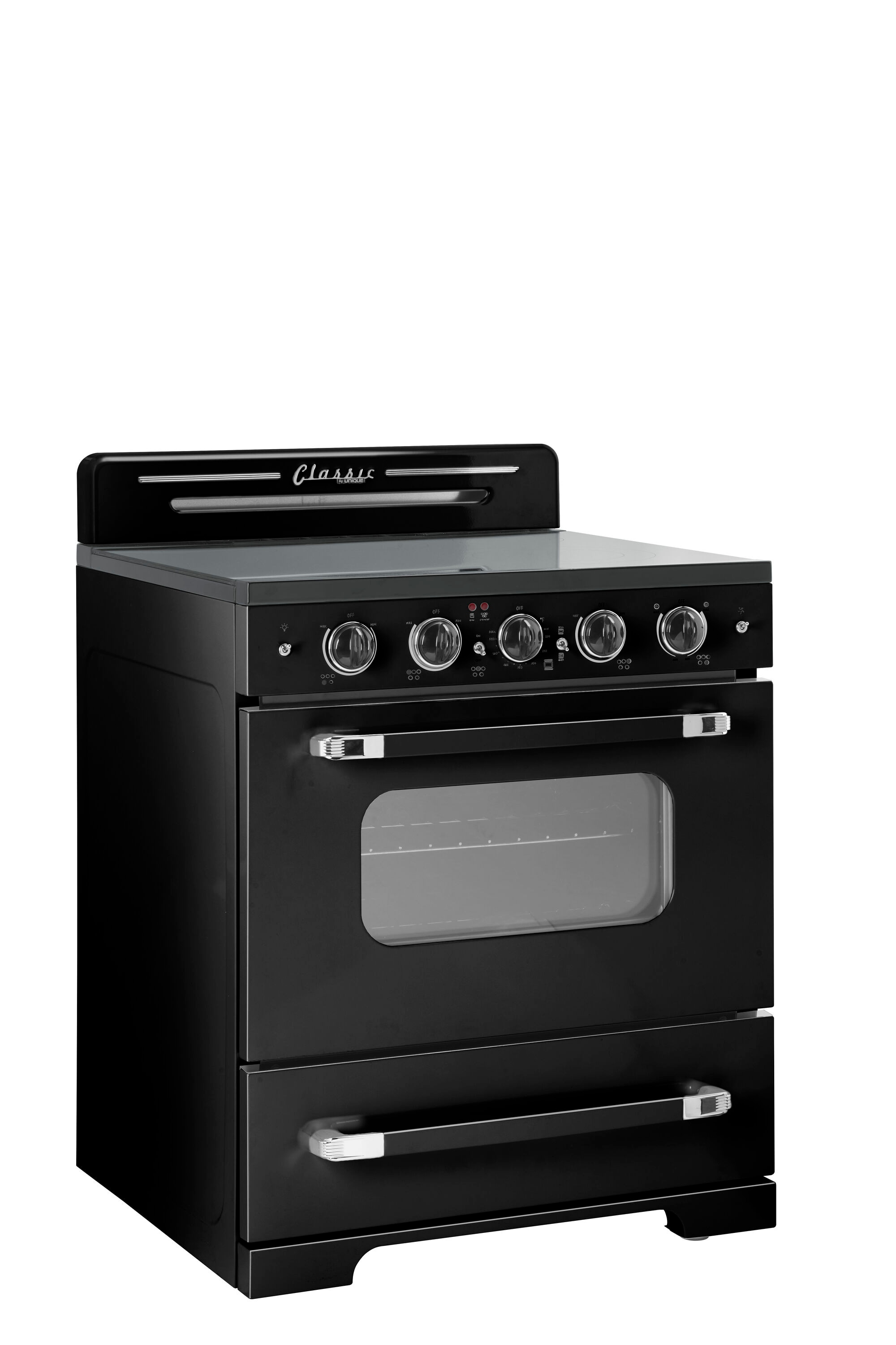 Estufa eléctrica independiente UNIQUE Classic Retro de 30 pulgadas con 5 quemadores, horno de convección de 3.9 pies cúbicos y cubierta de vidrio. (Negro Medianoche) UGP-30CR EC B