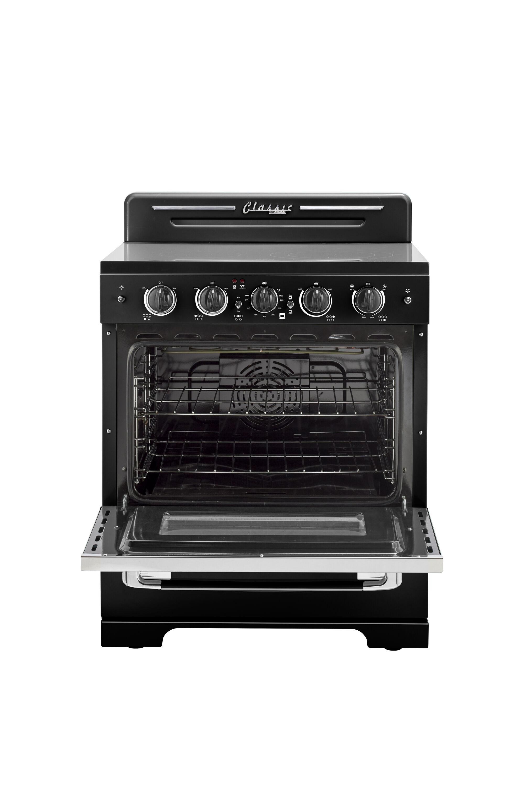 Estufa eléctrica independiente UNIQUE Classic Retro de 30 pulgadas con 5 quemadores, horno de convección de 3.9 pies cúbicos y cubierta de vidrio. (Negro Medianoche) UGP-30CR EC B
