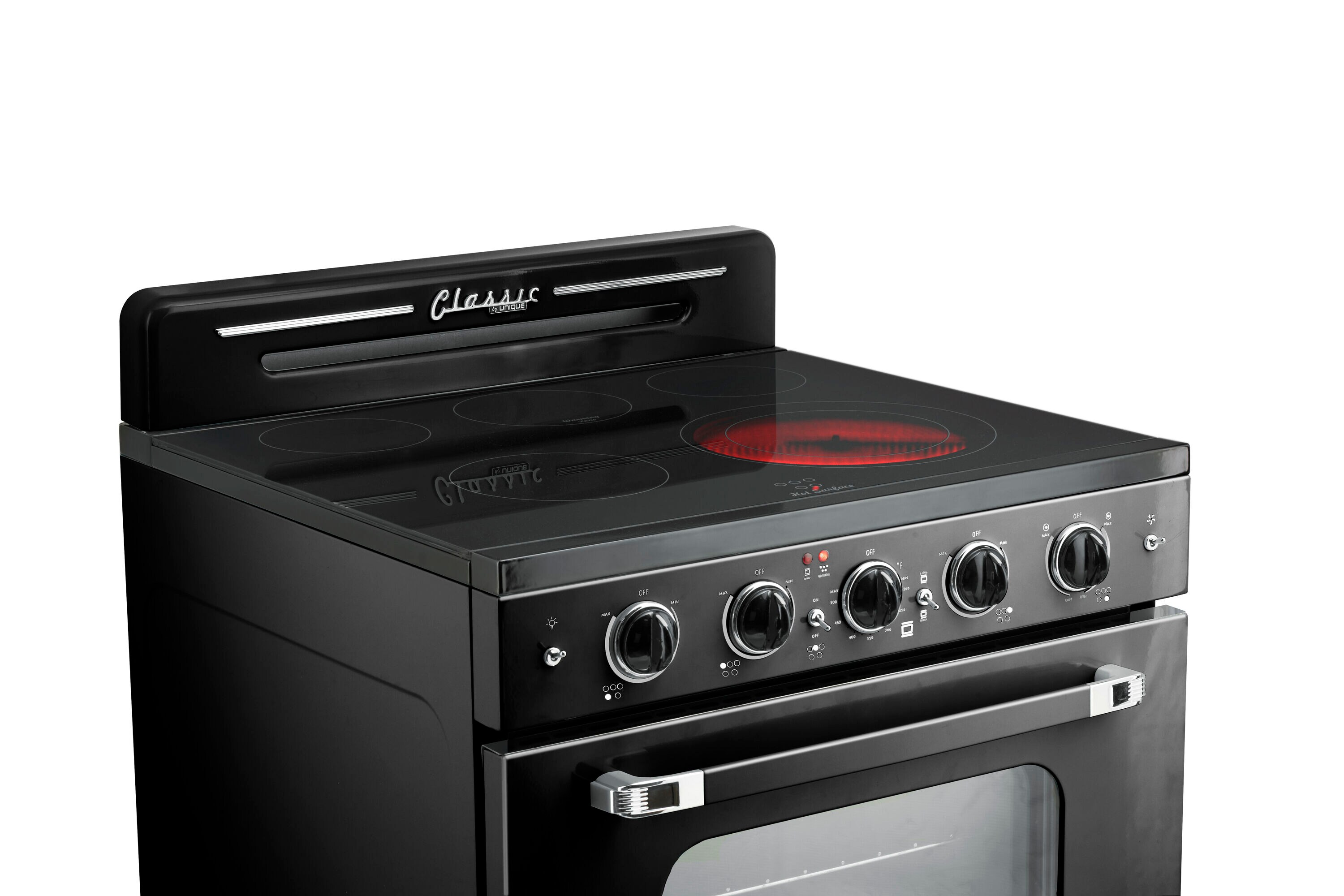 Estufa eléctrica independiente UNIQUE Classic Retro de 30 pulgadas con 5 quemadores, horno de convección de 3.9 pies cúbicos y cubierta de vidrio. (Negro Medianoche) UGP-30CR EC B