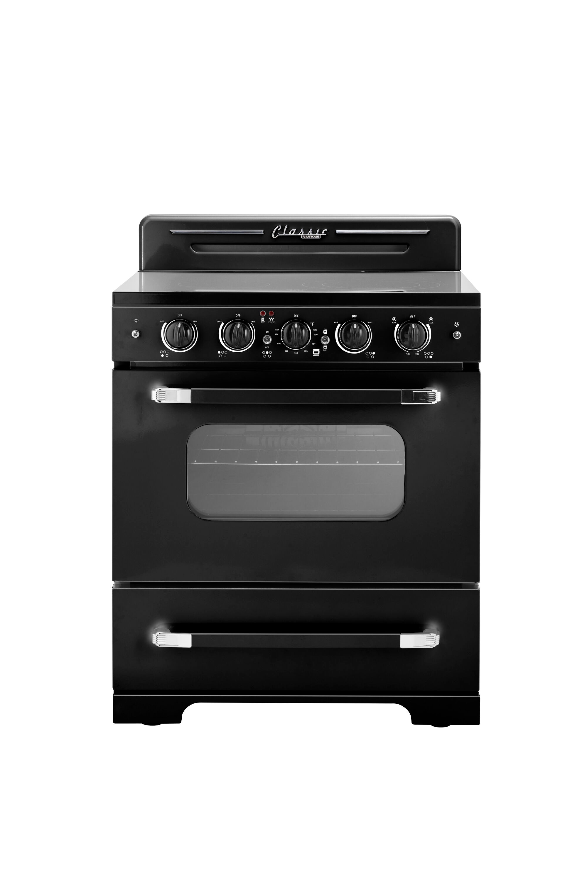Estufa eléctrica independiente UNIQUE Classic Retro de 30 pulgadas con 5 quemadores, horno de convección de 3.9 pies cúbicos y cubierta de vidrio. (Negro Medianoche) UGP-30CR EC B