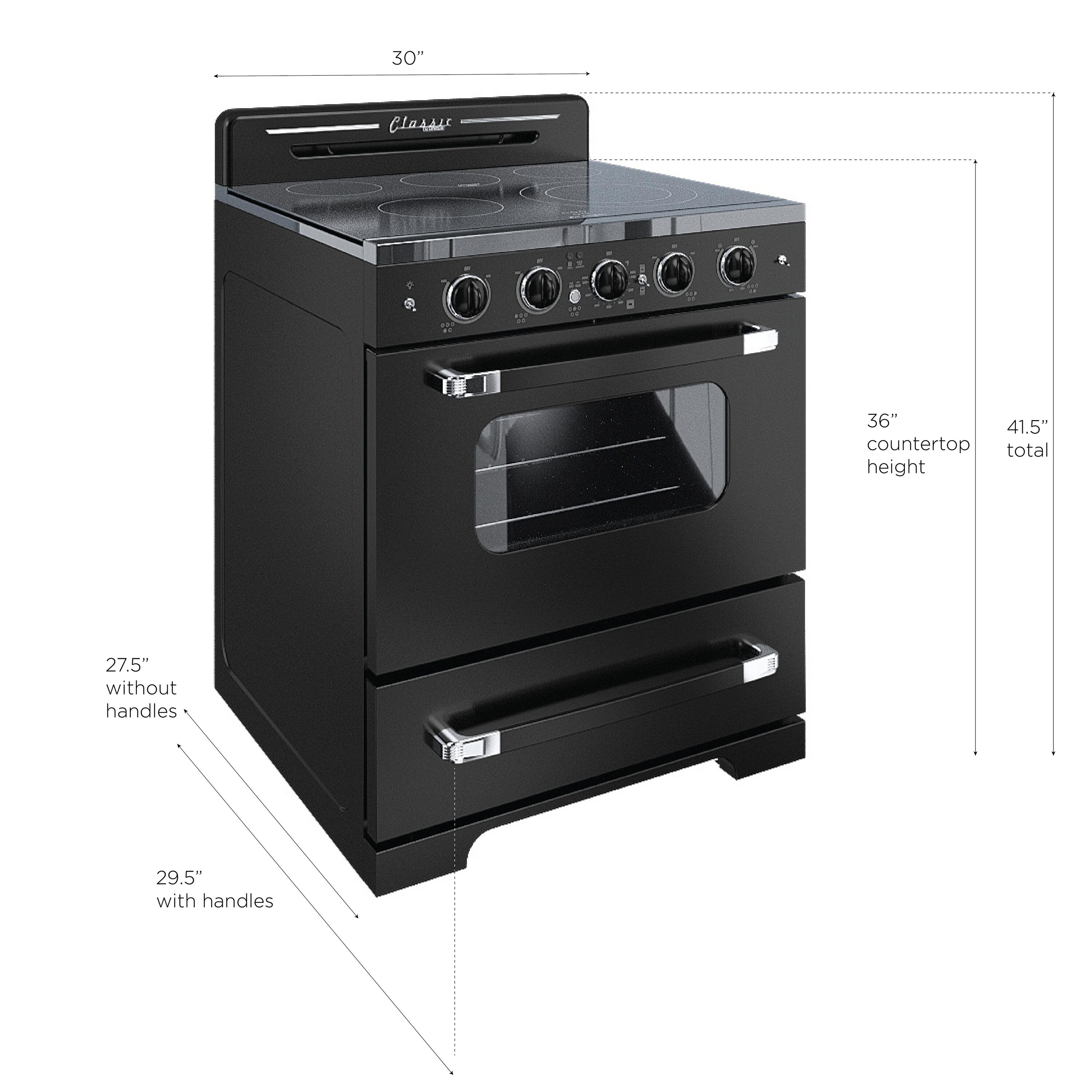 Estufa eléctrica independiente UNIQUE Classic Retro de 30 pulgadas con 5 quemadores, horno de convección de 3.9 pies cúbicos y cubierta de vidrio. (Negro Medianoche) UGP-30CR EC B