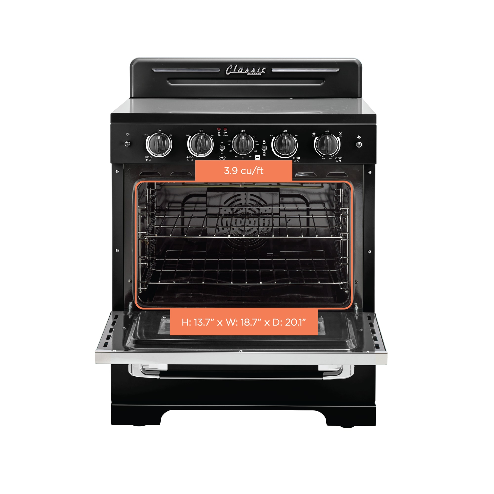 Estufa eléctrica independiente UNIQUE Classic Retro de 30 pulgadas con 5 quemadores, horno de convección de 3.9 pies cúbicos y cubierta de vidrio. (Negro Medianoche) UGP-30CR EC B