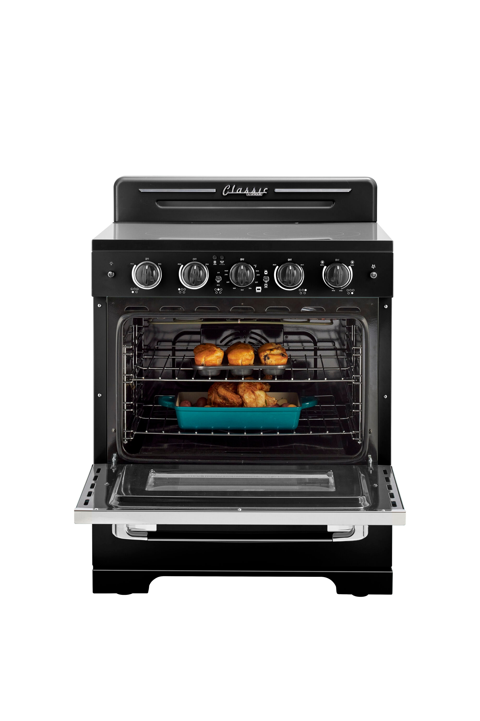 Estufa eléctrica independiente UNIQUE Classic Retro de 30 pulgadas con 5 quemadores, horno de convección de 3.9 pies cúbicos y cubierta de vidrio. (Negro Medianoche) UGP-30CR EC B