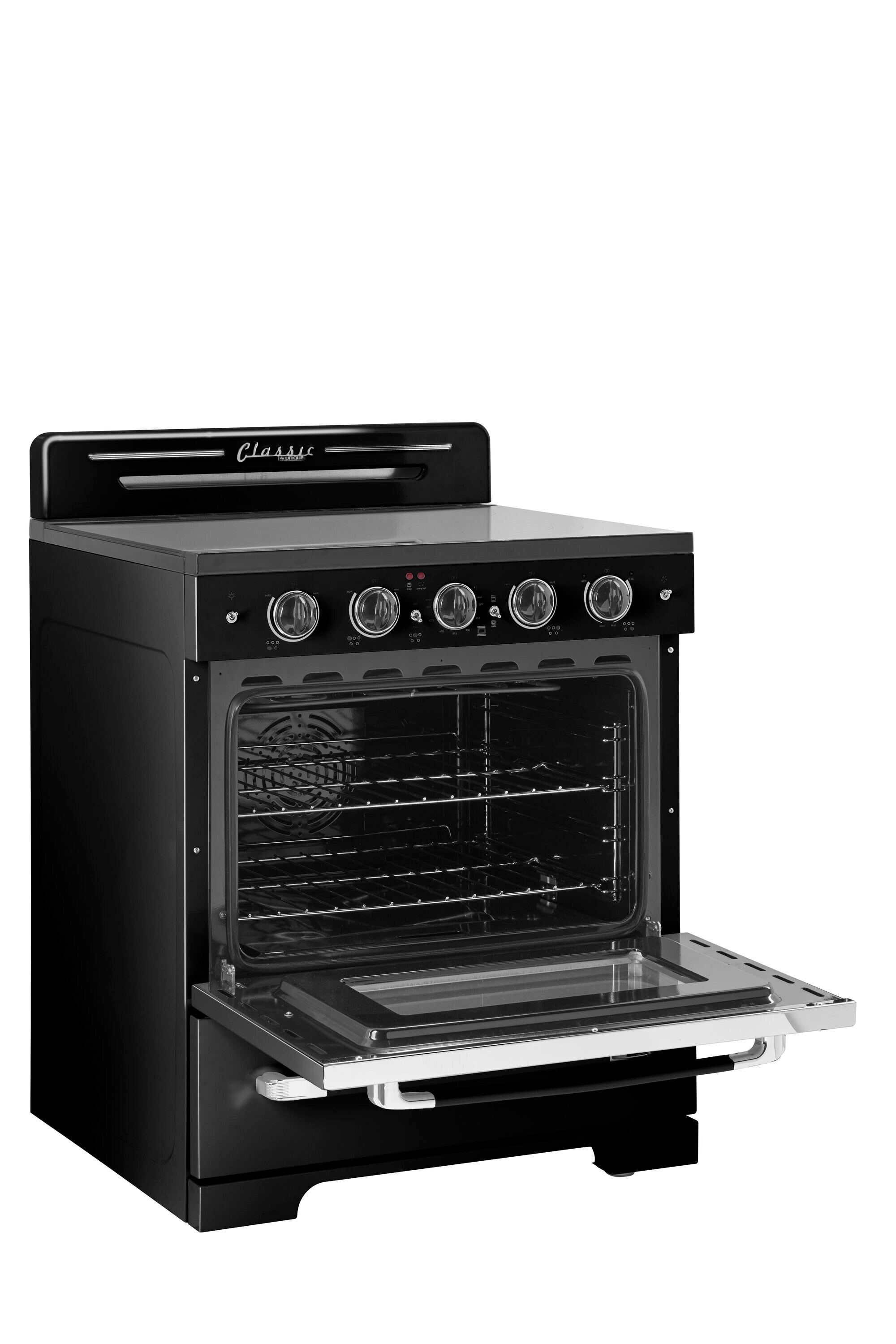 Estufa eléctrica independiente UNIQUE Classic Retro de 30 pulgadas con 5 quemadores, horno de convección de 3.9 pies cúbicos y cubierta de vidrio. (Negro Medianoche) UGP-30CR EC B