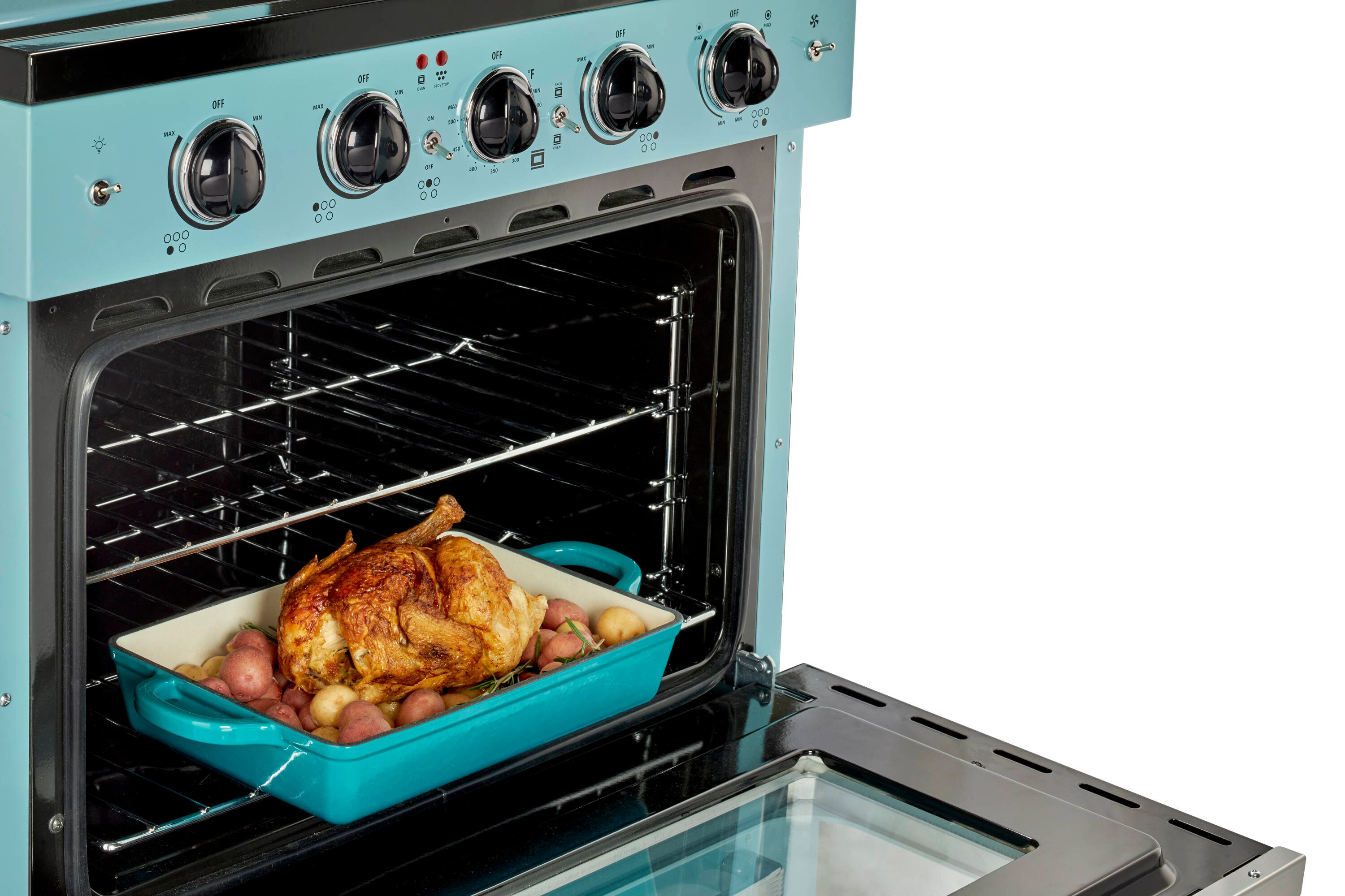 Estufa Eléctrica independiente UNIQUE Classic Retro con cubierta de vidrio de 30 pulgadas, 5 quemadores, horno de convección de 3.9 pies cúbicos y recubrimiento de limpieza fácil (Agua Turquesa Mistral) UGP-30CR EC T