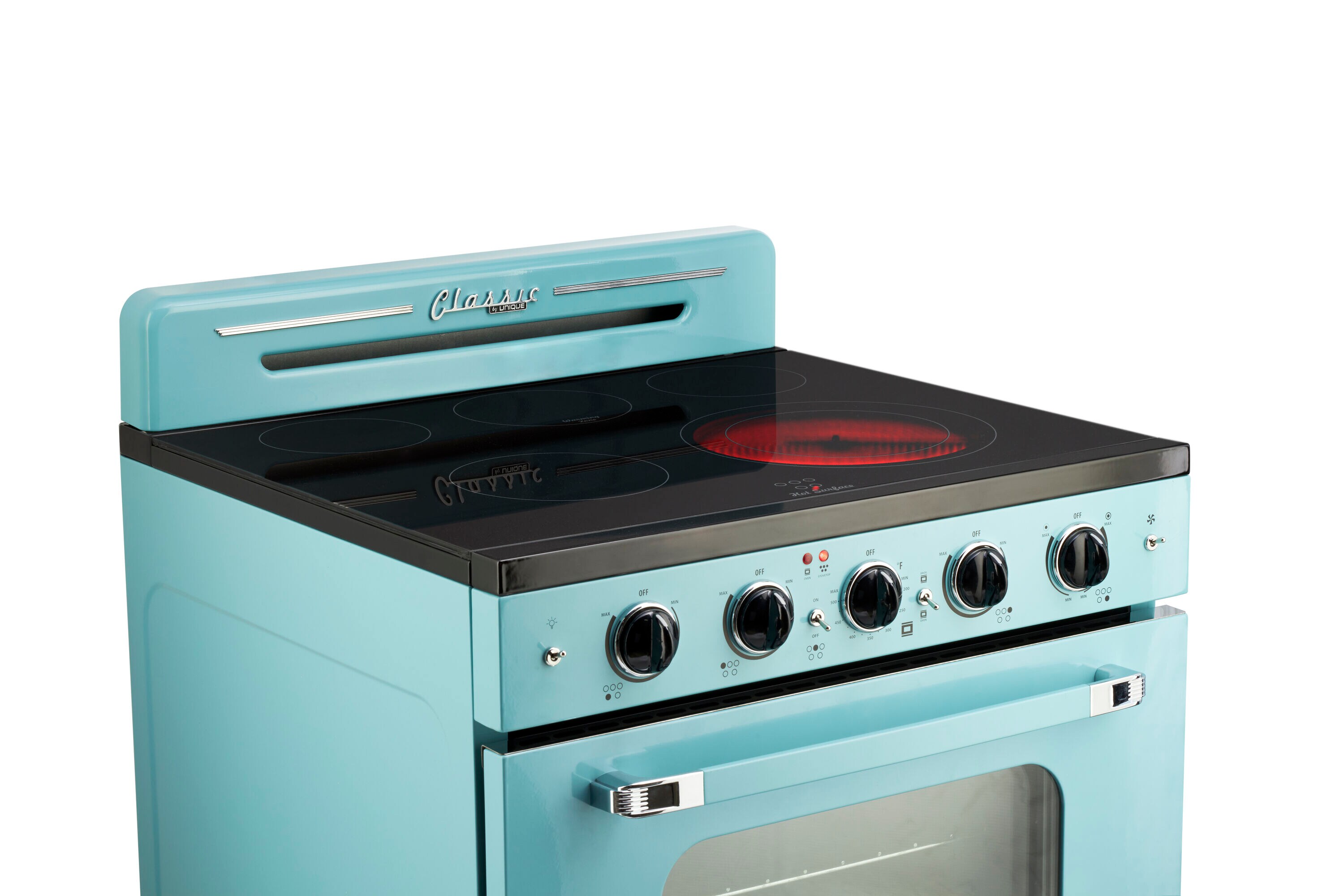 Estufa Eléctrica independiente UNIQUE Classic Retro con cubierta de vidrio de 30 pulgadas, 5 quemadores, horno de convección de 3.9 pies cúbicos y recubrimiento de limpieza fácil (Agua Turquesa Mistral) UGP-30CR EC T