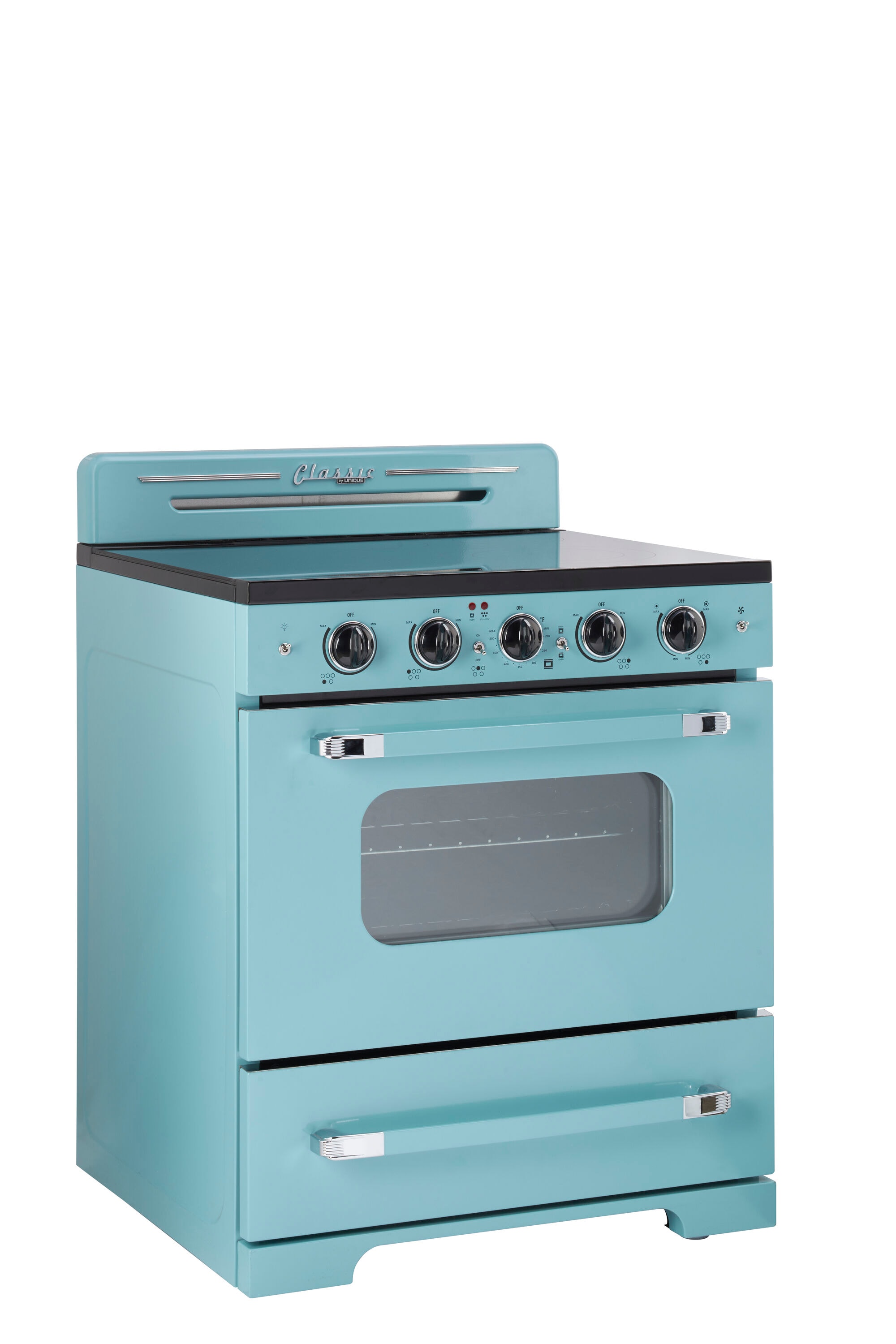 Estufa Eléctrica independiente UNIQUE Classic Retro con cubierta de vidrio de 30 pulgadas, 5 quemadores, horno de convección de 3.9 pies cúbicos y recubrimiento de limpieza fácil (Agua Turquesa Mistral) UGP-30CR EC T