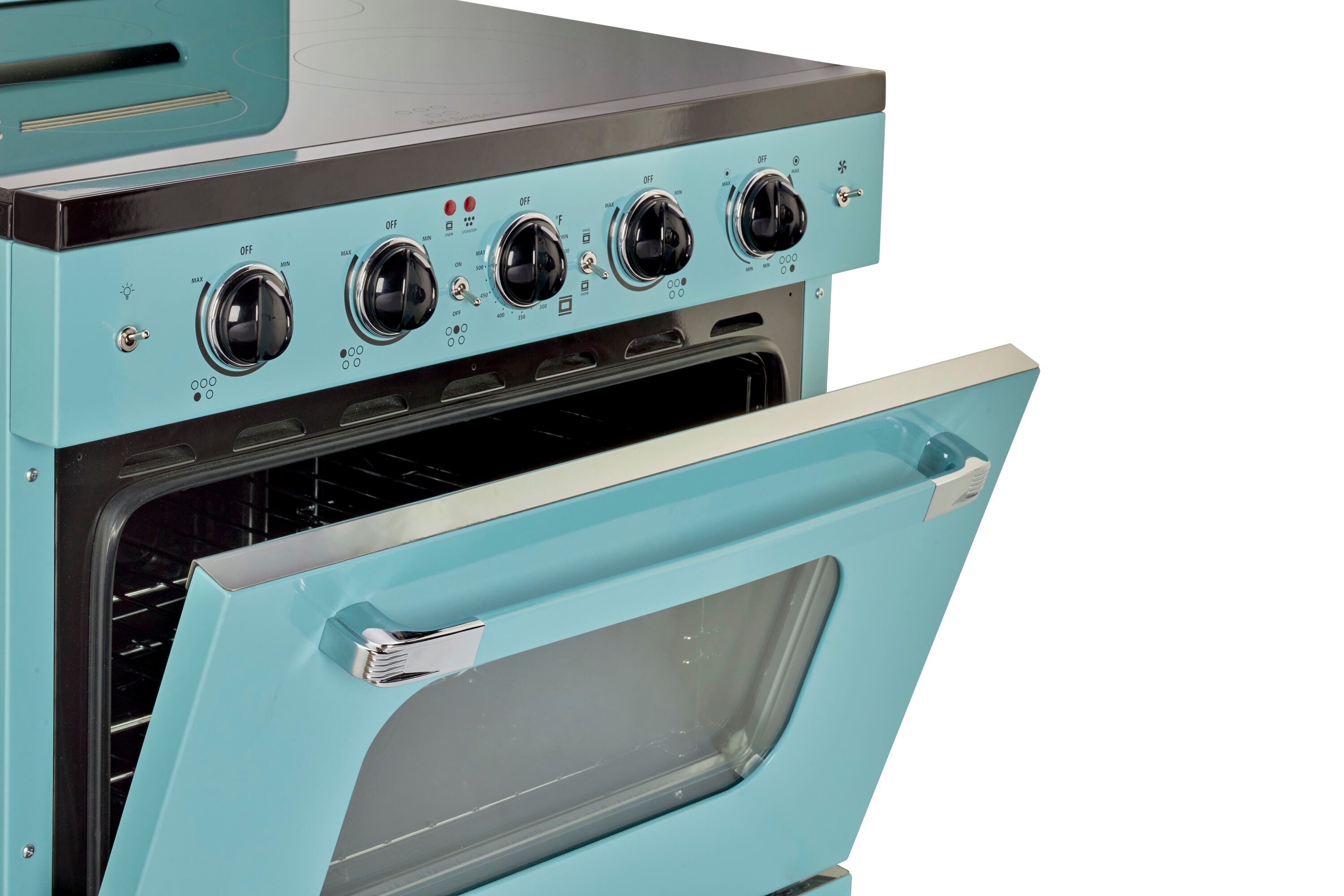 Estufa Eléctrica independiente UNIQUE Classic Retro con cubierta de vidrio de 30 pulgadas, 5 quemadores, horno de convección de 3.9 pies cúbicos y recubrimiento de limpieza fácil (Agua Turquesa Mistral) UGP-30CR EC T