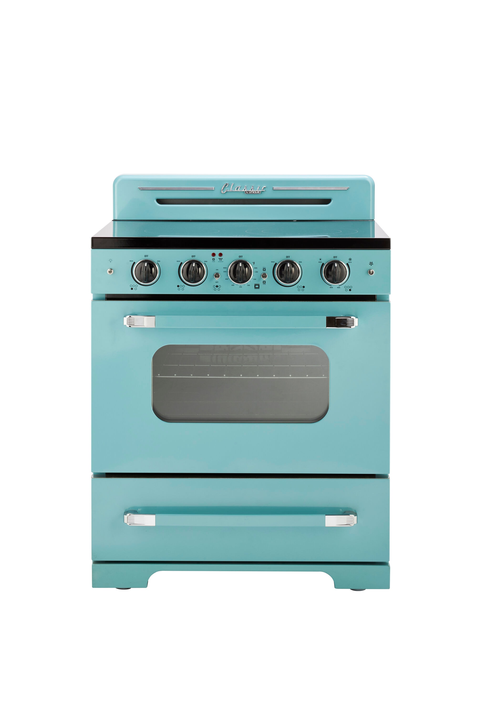 Estufa Eléctrica independiente UNIQUE Classic Retro con cubierta de vidrio de 30 pulgadas, 5 quemadores, horno de convección de 3.9 pies cúbicos y recubrimiento de limpieza fácil (Agua Turquesa Mistral) UGP-30CR EC T