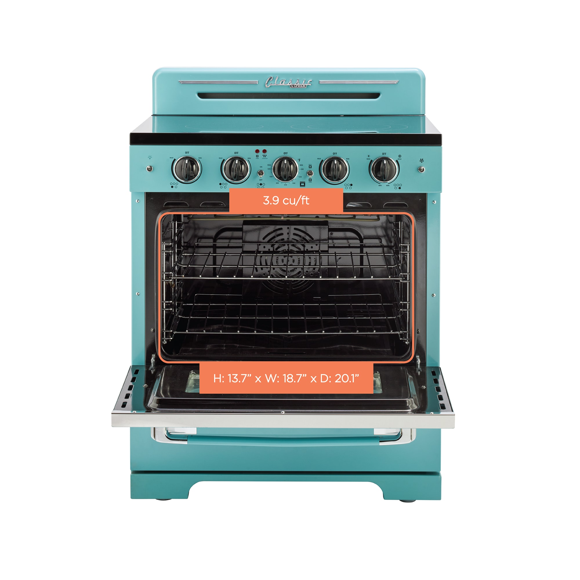 Estufa Eléctrica independiente UNIQUE Classic Retro con cubierta de vidrio de 30 pulgadas, 5 quemadores, horno de convección de 3.9 pies cúbicos y recubrimiento de limpieza fácil (Agua Turquesa Mistral) UGP-30CR EC T