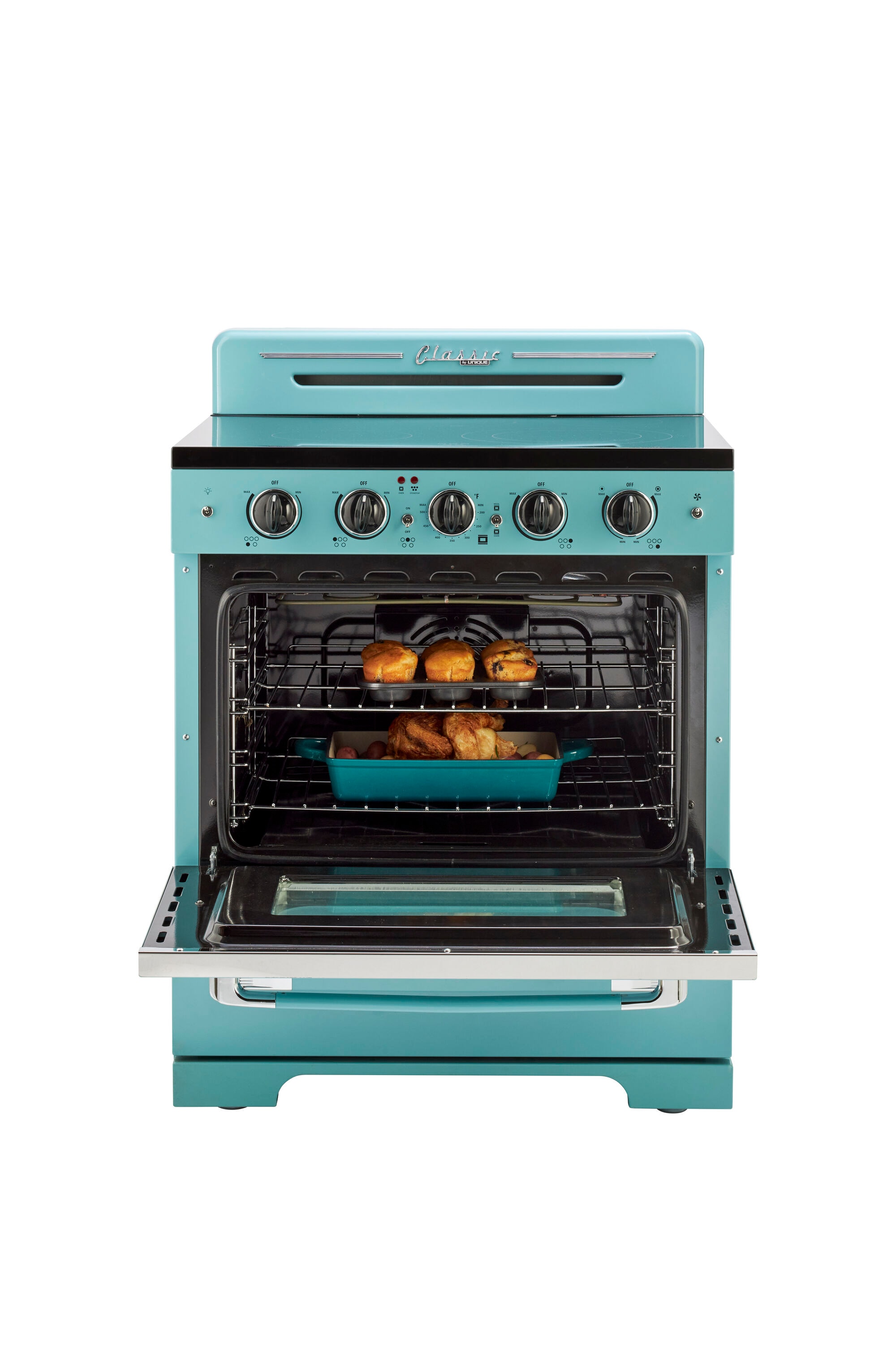 Estufa Eléctrica independiente UNIQUE Classic Retro con cubierta de vidrio de 30 pulgadas, 5 quemadores, horno de convección de 3.9 pies cúbicos y recubrimiento de limpieza fácil (Agua Turquesa Mistral) UGP-30CR EC T