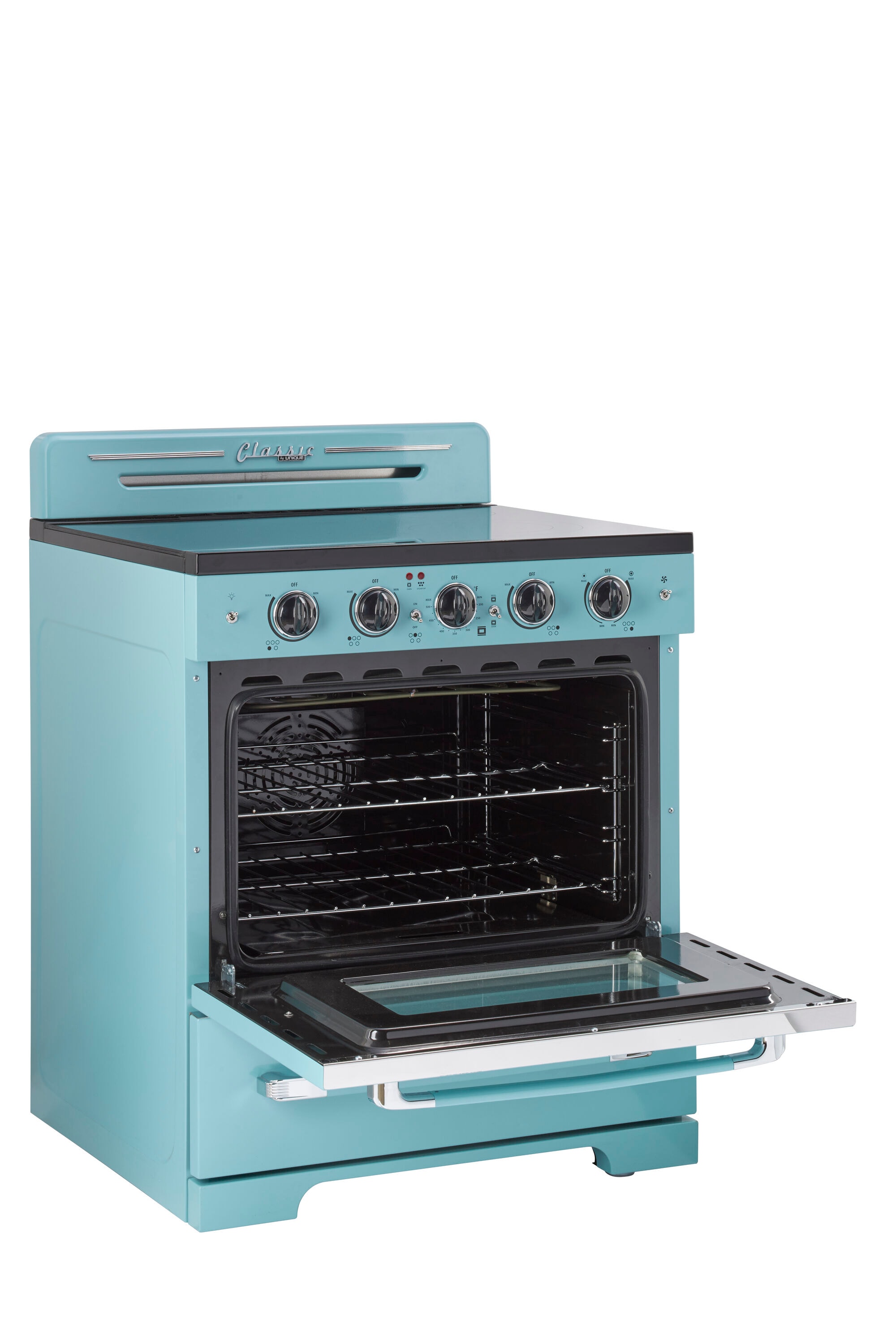 Estufa Eléctrica independiente UNIQUE Classic Retro con cubierta de vidrio de 30 pulgadas, 5 quemadores, horno de convección de 3.9 pies cúbicos y recubrimiento de limpieza fácil (Agua Turquesa Mistral) UGP-30CR EC T
