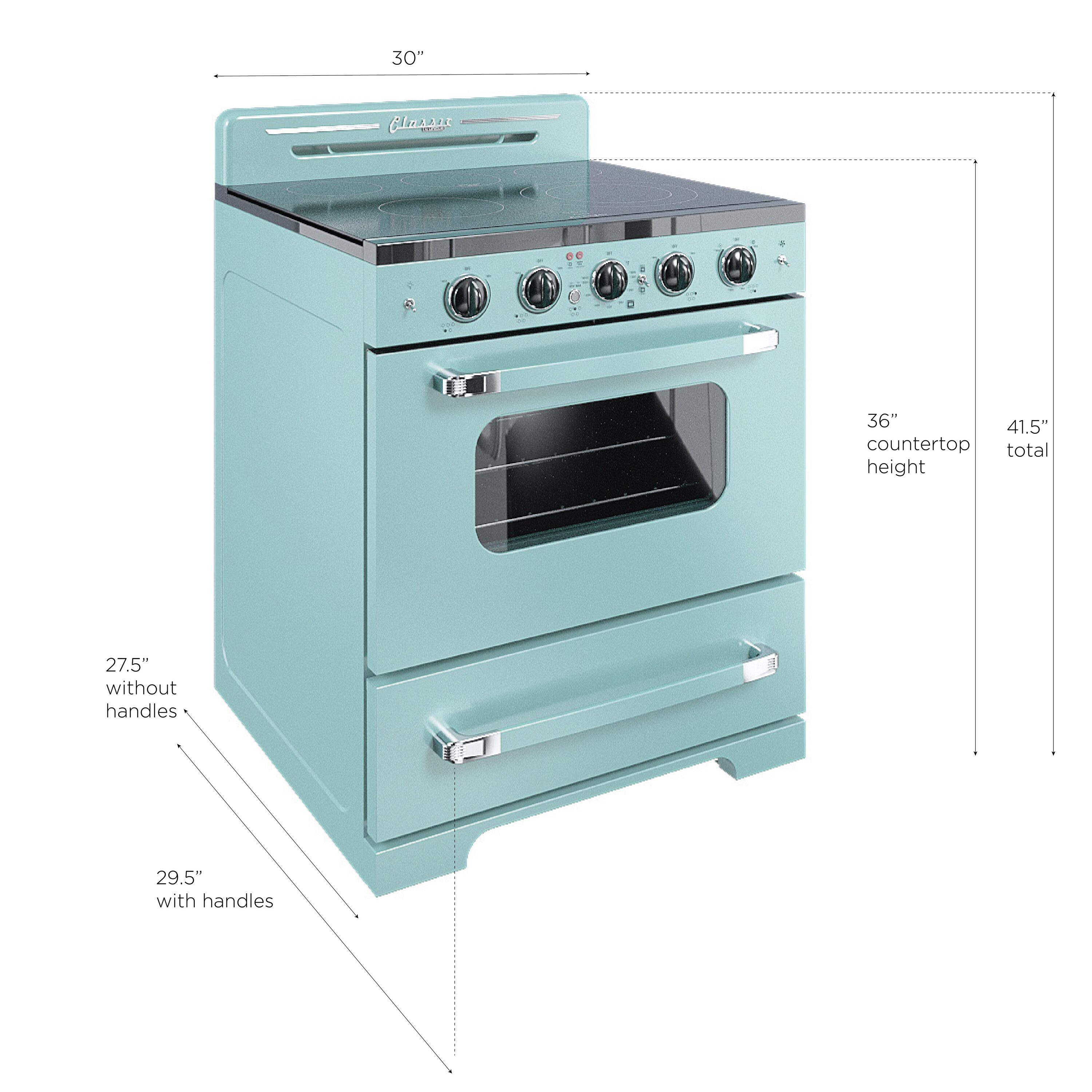 Estufa Eléctrica independiente UNIQUE Classic Retro con cubierta de vidrio de 30 pulgadas, 5 quemadores, horno de convección de 3.9 pies cúbicos y recubrimiento de limpieza fácil (Agua Turquesa Mistral) UGP-30CR EC T