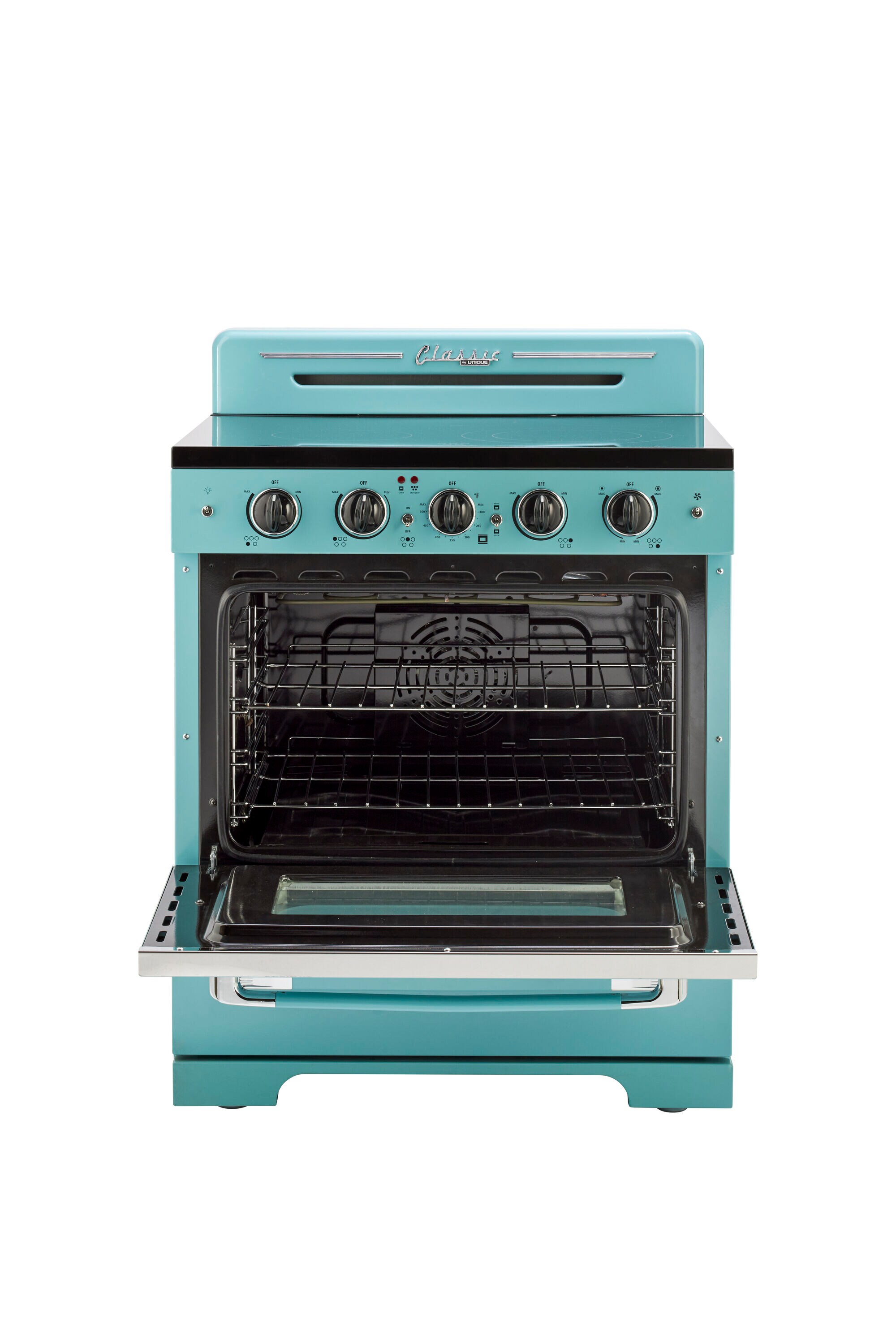 Estufa Eléctrica independiente UNIQUE Classic Retro con cubierta de vidrio de 30 pulgadas, 5 quemadores, horno de convección de 3.9 pies cúbicos y recubrimiento de limpieza fácil (Agua Turquesa Mistral) UGP-30CR EC T