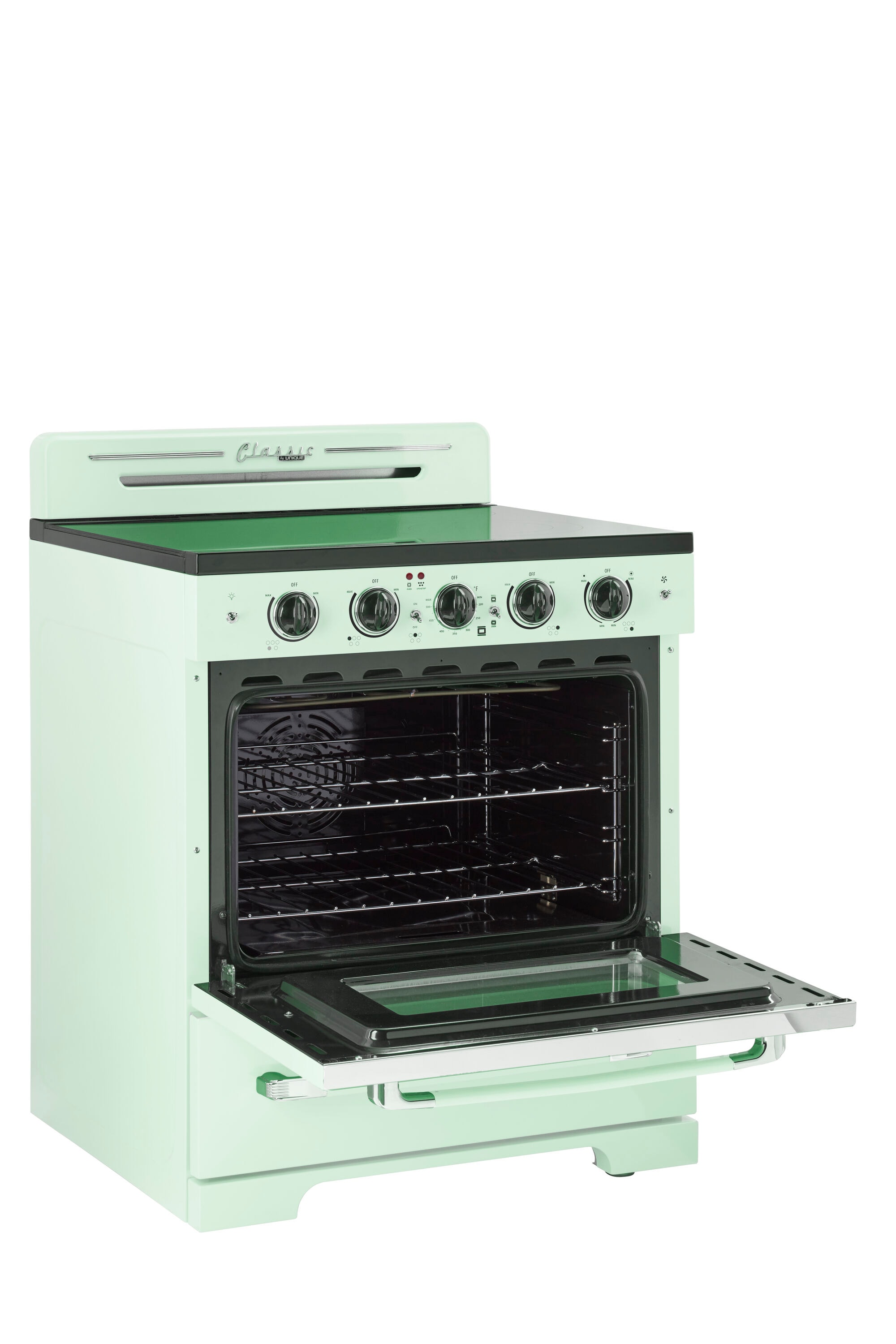 Estufa Eléctrica Independiente UNIQUE Classic Retro de 30 pulgadas con cubierta de vidrio, 5 quemadores, horno de convección de 3.9 pies cúbicos y recubrimiento WipeClean (Verde Menta Verano) UGP-30CR EC LG
