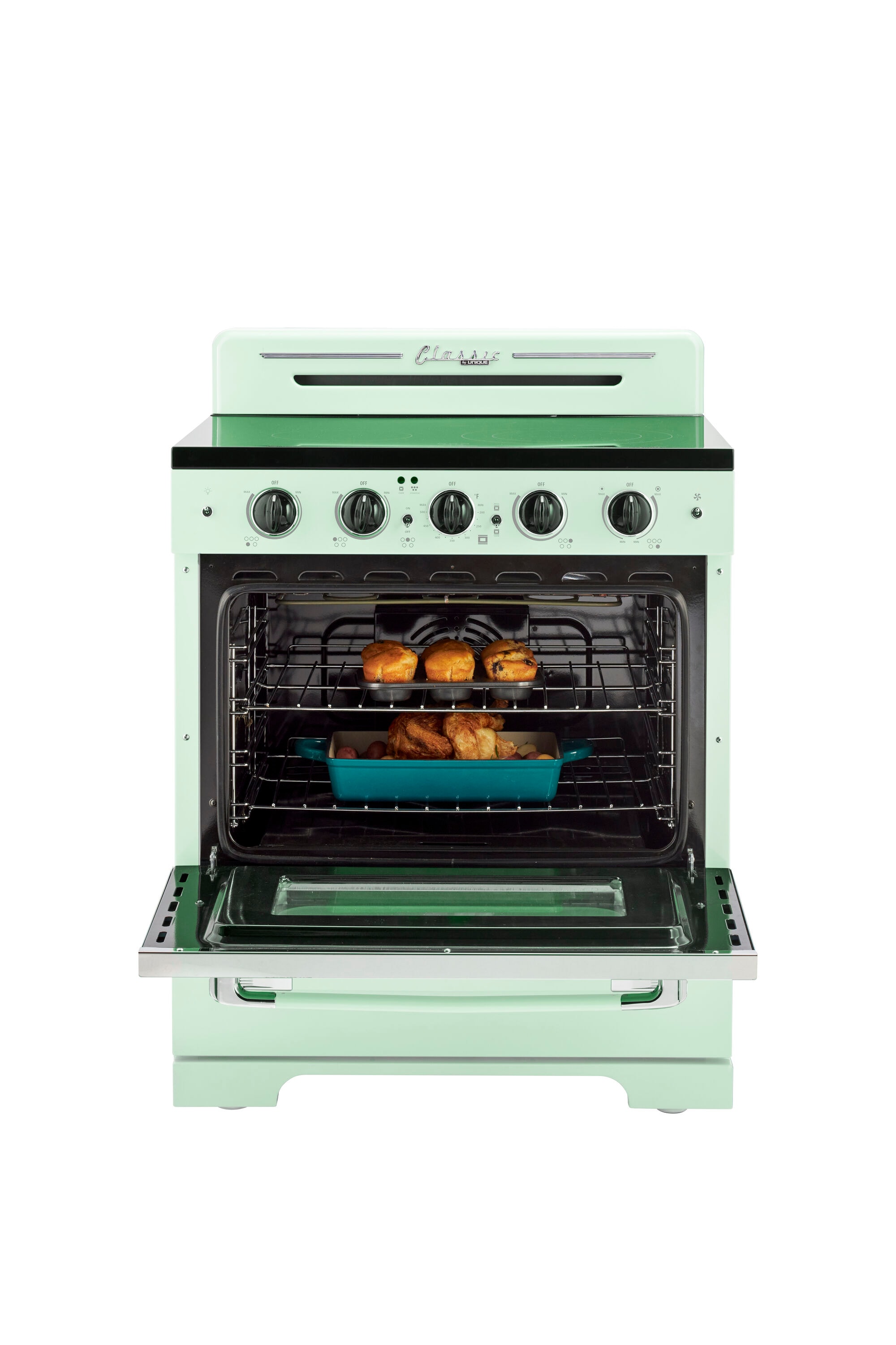 Estufa Eléctrica Independiente UNIQUE Classic Retro de 30 pulgadas con cubierta de vidrio, 5 quemadores, horno de convección de 3.9 pies cúbicos y recubrimiento WipeClean (Verde Menta Verano) UGP-30CR EC LG