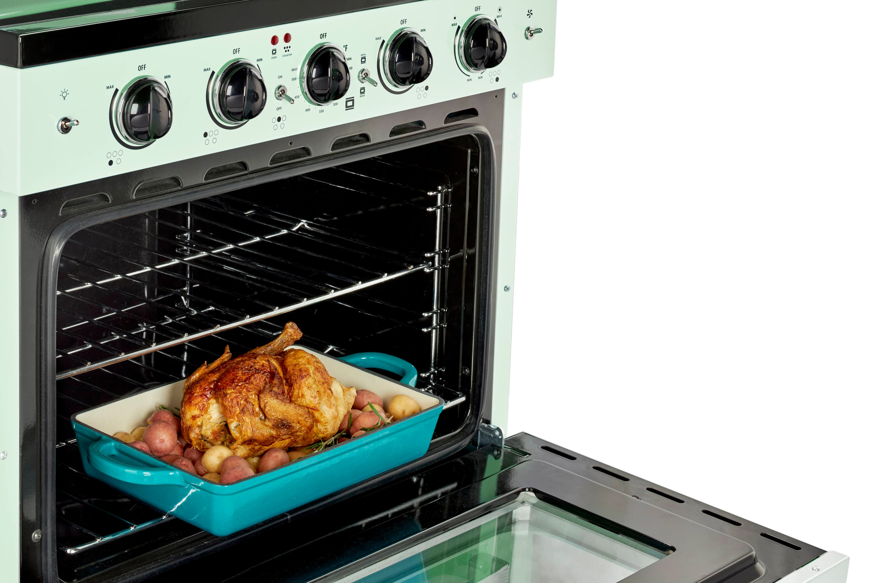Estufa Eléctrica Independiente UNIQUE Classic Retro de 30 pulgadas con cubierta de vidrio, 5 quemadores, horno de convección de 3.9 pies cúbicos y recubrimiento WipeClean (Verde Menta Verano) UGP-30CR EC LG