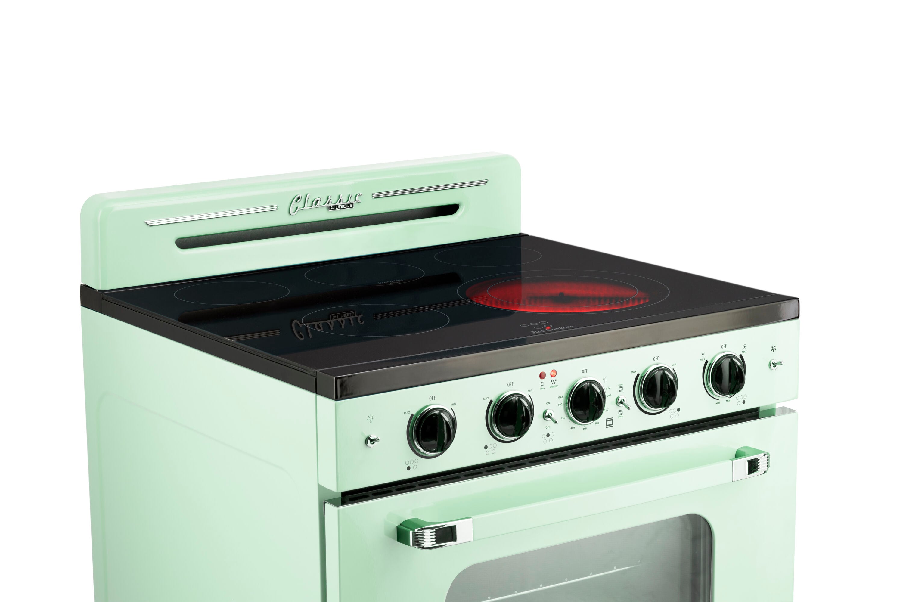 Estufa Eléctrica Independiente UNIQUE Classic Retro de 30 pulgadas con cubierta de vidrio, 5 quemadores, horno de convección de 3.9 pies cúbicos y recubrimiento WipeClean (Verde Menta Verano) UGP-30CR EC LG