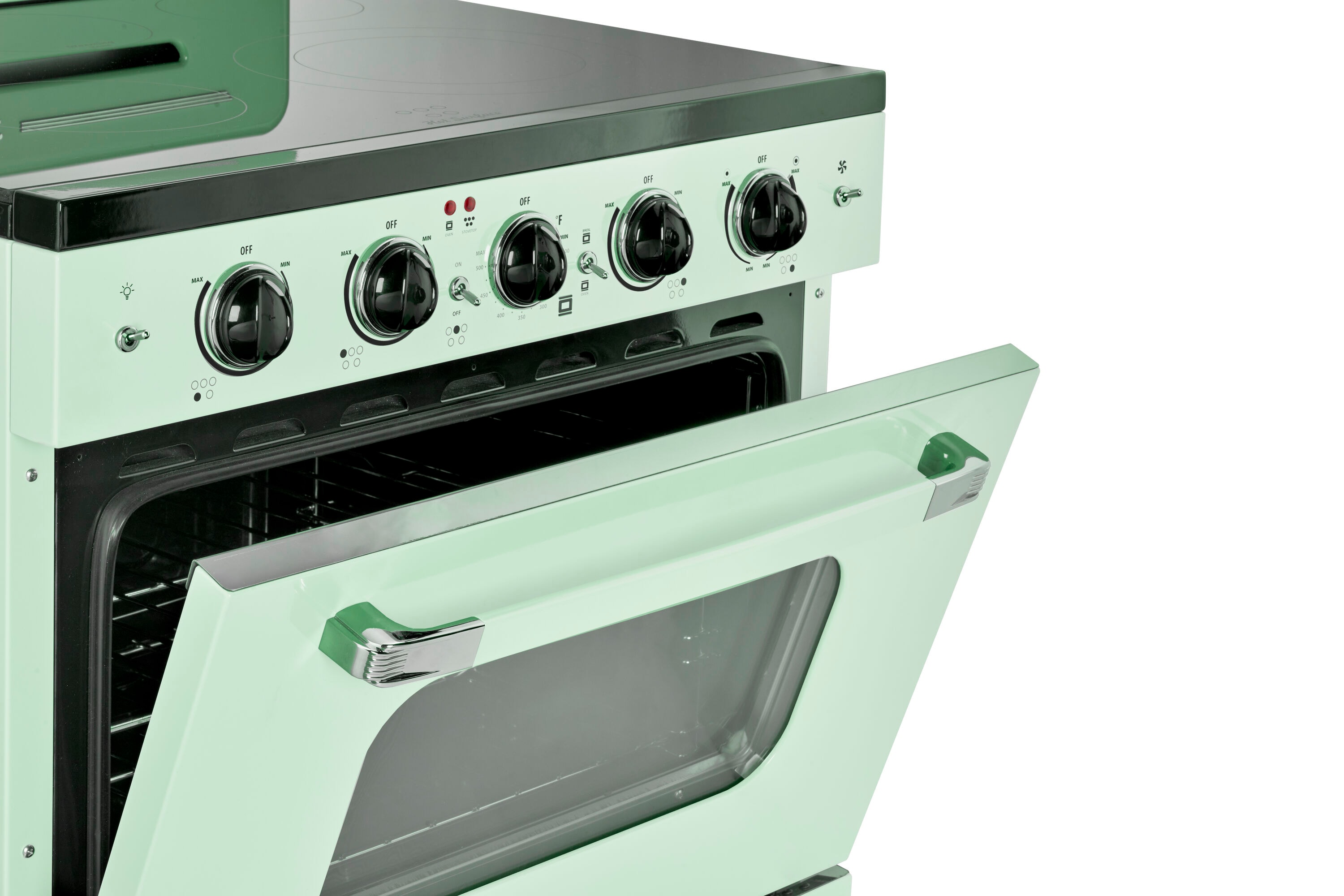 Estufa Eléctrica Independiente UNIQUE Classic Retro de 30 pulgadas con cubierta de vidrio, 5 quemadores, horno de convección de 3.9 pies cúbicos y recubrimiento WipeClean (Verde Menta Verano) UGP-30CR EC LG