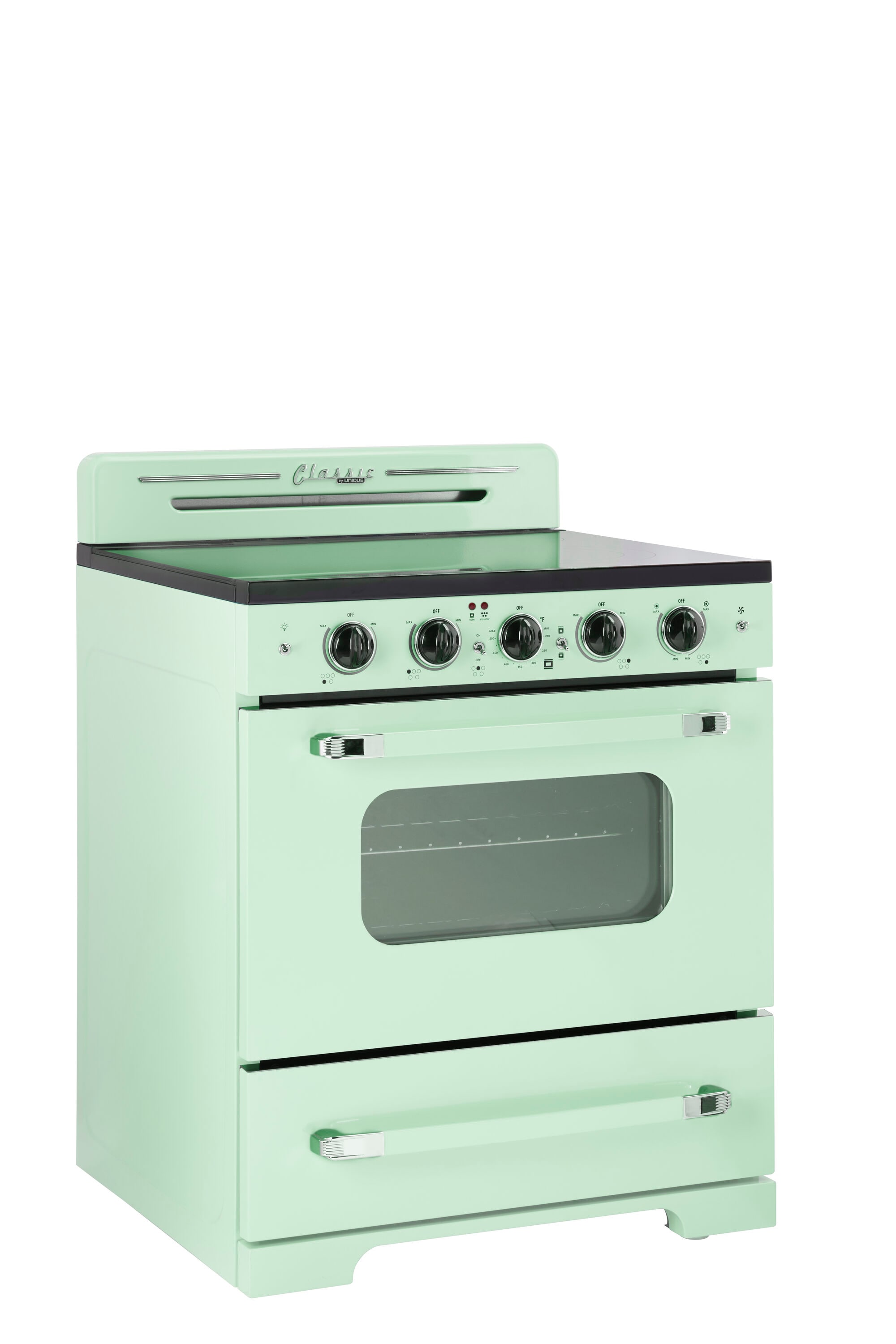 Estufa Eléctrica Independiente UNIQUE Classic Retro de 30 pulgadas con cubierta de vidrio, 5 quemadores, horno de convección de 3.9 pies cúbicos y recubrimiento WipeClean (Verde Menta Verano) UGP-30CR EC LG