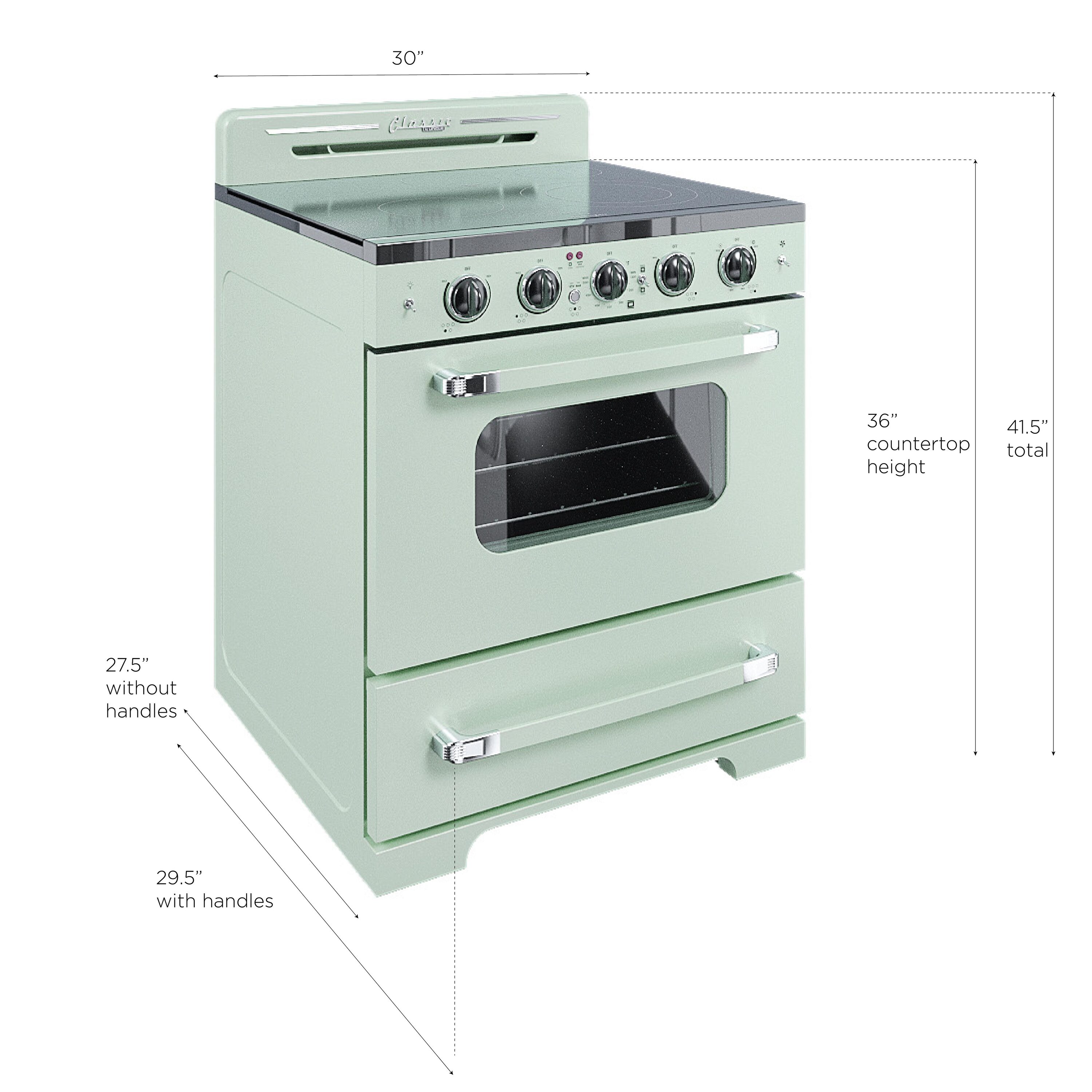 Estufa Eléctrica Independiente UNIQUE Classic Retro de 30 pulgadas con cubierta de vidrio, 5 quemadores, horno de convección de 3.9 pies cúbicos y recubrimiento WipeClean (Verde Menta Verano) UGP-30CR EC LG