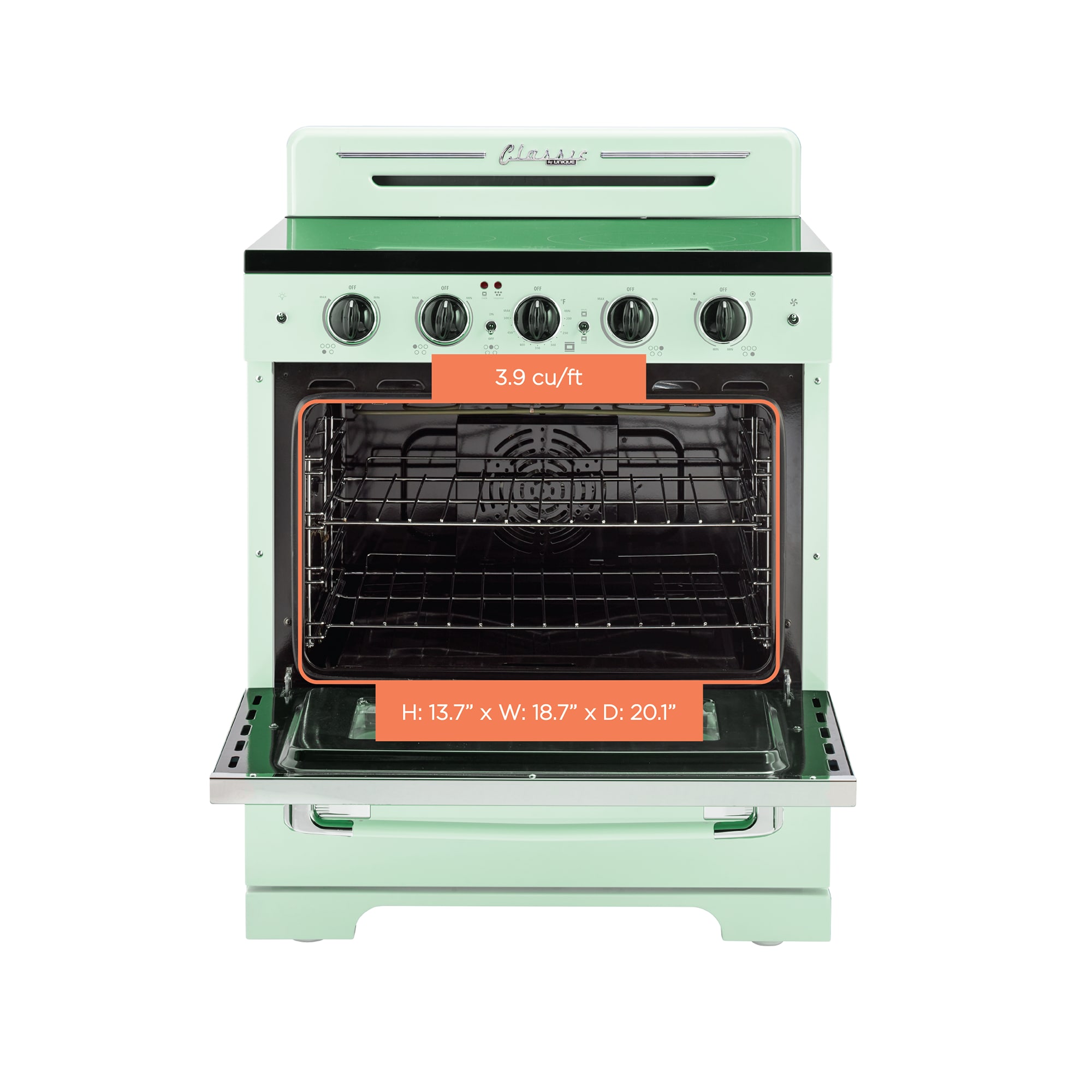 Estufa Eléctrica Independiente UNIQUE Classic Retro de 30 pulgadas con cubierta de vidrio, 5 quemadores, horno de convección de 3.9 pies cúbicos y recubrimiento WipeClean (Verde Menta Verano) UGP-30CR EC LG