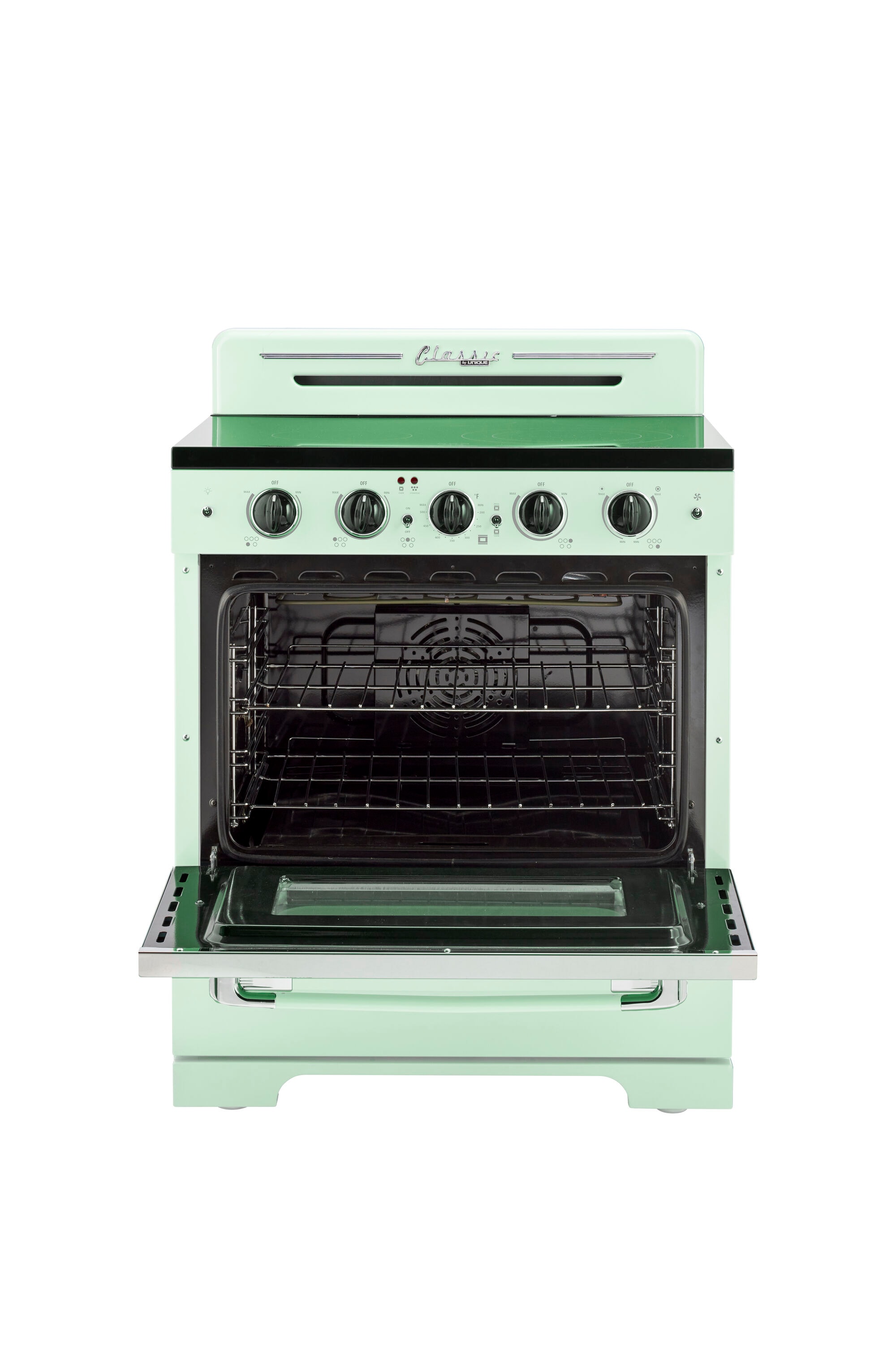 Estufa Eléctrica Independiente UNIQUE Classic Retro de 30 pulgadas con cubierta de vidrio, 5 quemadores, horno de convección de 3.9 pies cúbicos y recubrimiento WipeClean (Verde Menta Verano) UGP-30CR EC LG