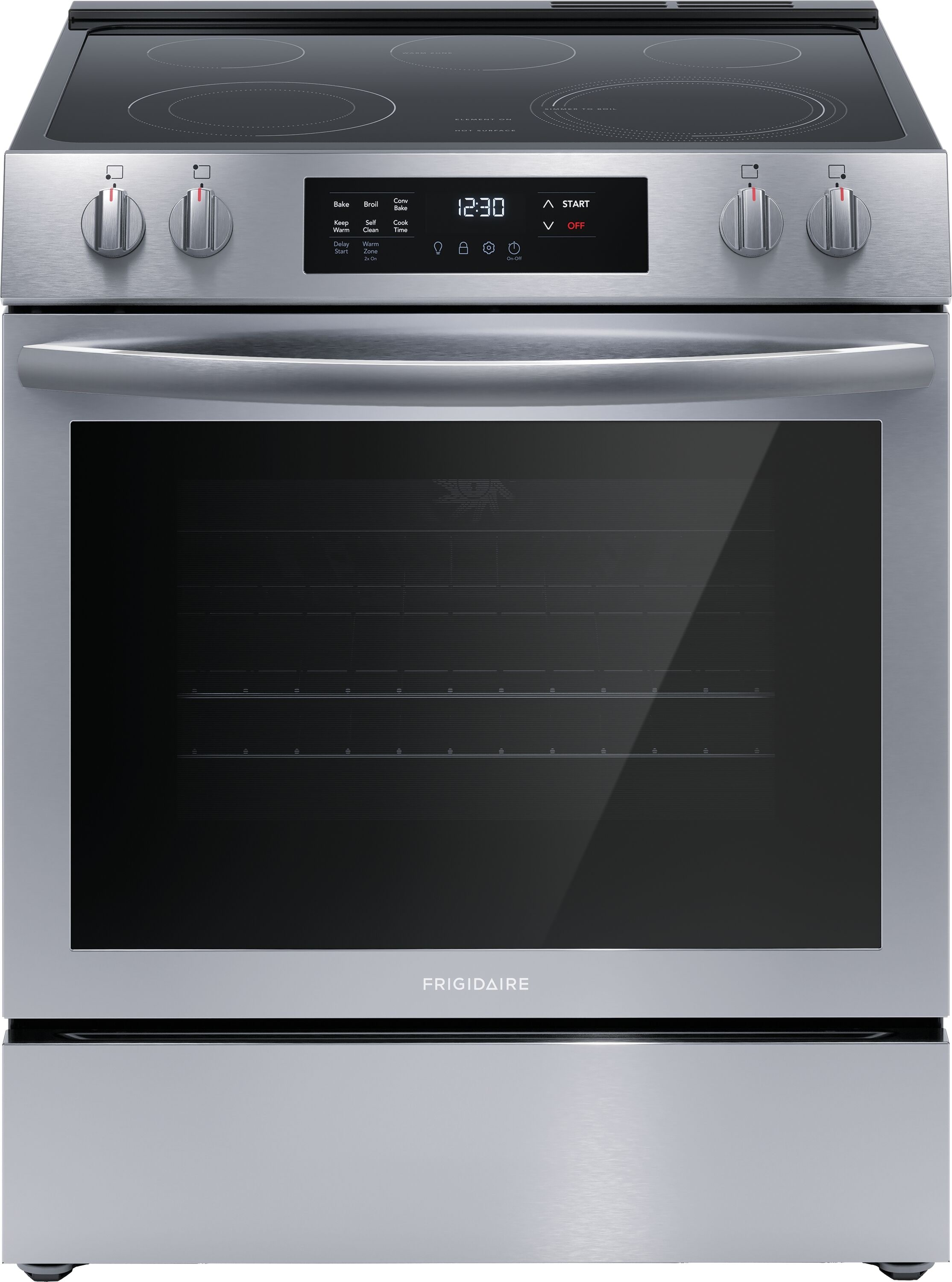 Estufa eléctrica deslizable de vidrio de 30 pulgadas con 5 quemadores, horno de convección de 5.3 pies cúbicos y resistente a las huellas dactilares de acero inoxidable.