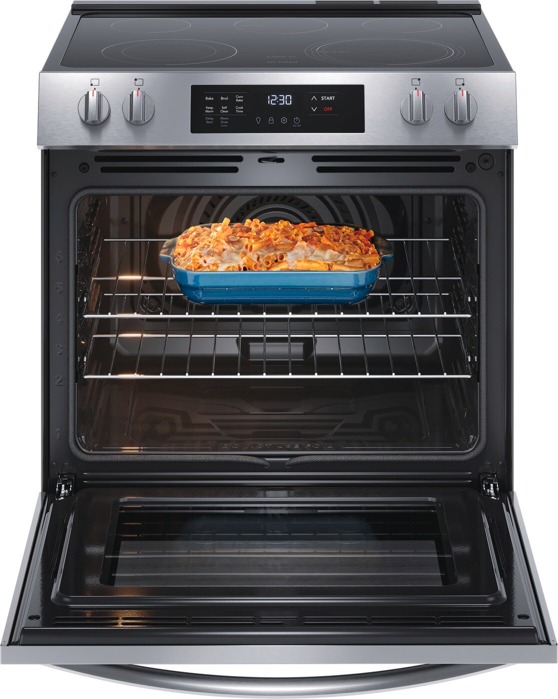 Estufa eléctrica deslizable de vidrio de 30 pulgadas con 5 quemadores, horno de convección de 5.3 pies cúbicos y resistente a las huellas dactilares de acero inoxidable.