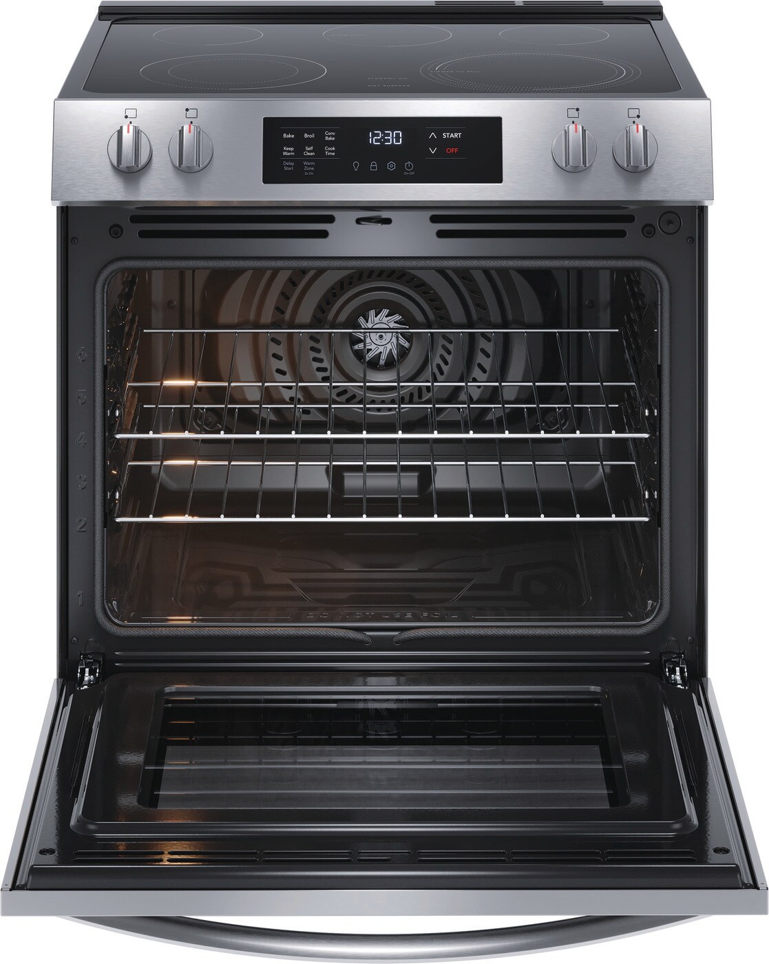 Estufa eléctrica deslizable de vidrio de 30 pulgadas con 5 quemadores, horno de convección de 5.3 pies cúbicos y resistente a las huellas dactilares de acero inoxidable.
