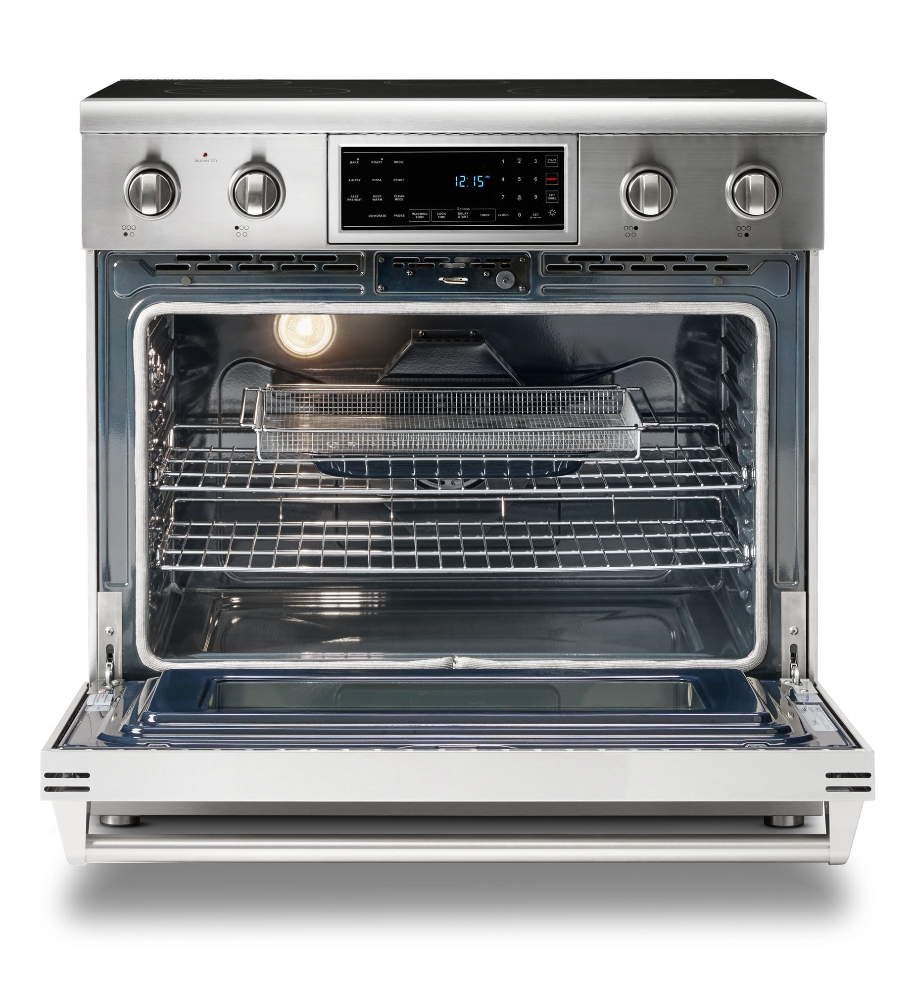 Estufa eléctrica independiente con horno de convección y freidora de aire de 6 pies cúbicos y 5 quemadores, top de cristal de 36 pulgadas de Thor Kitchen
