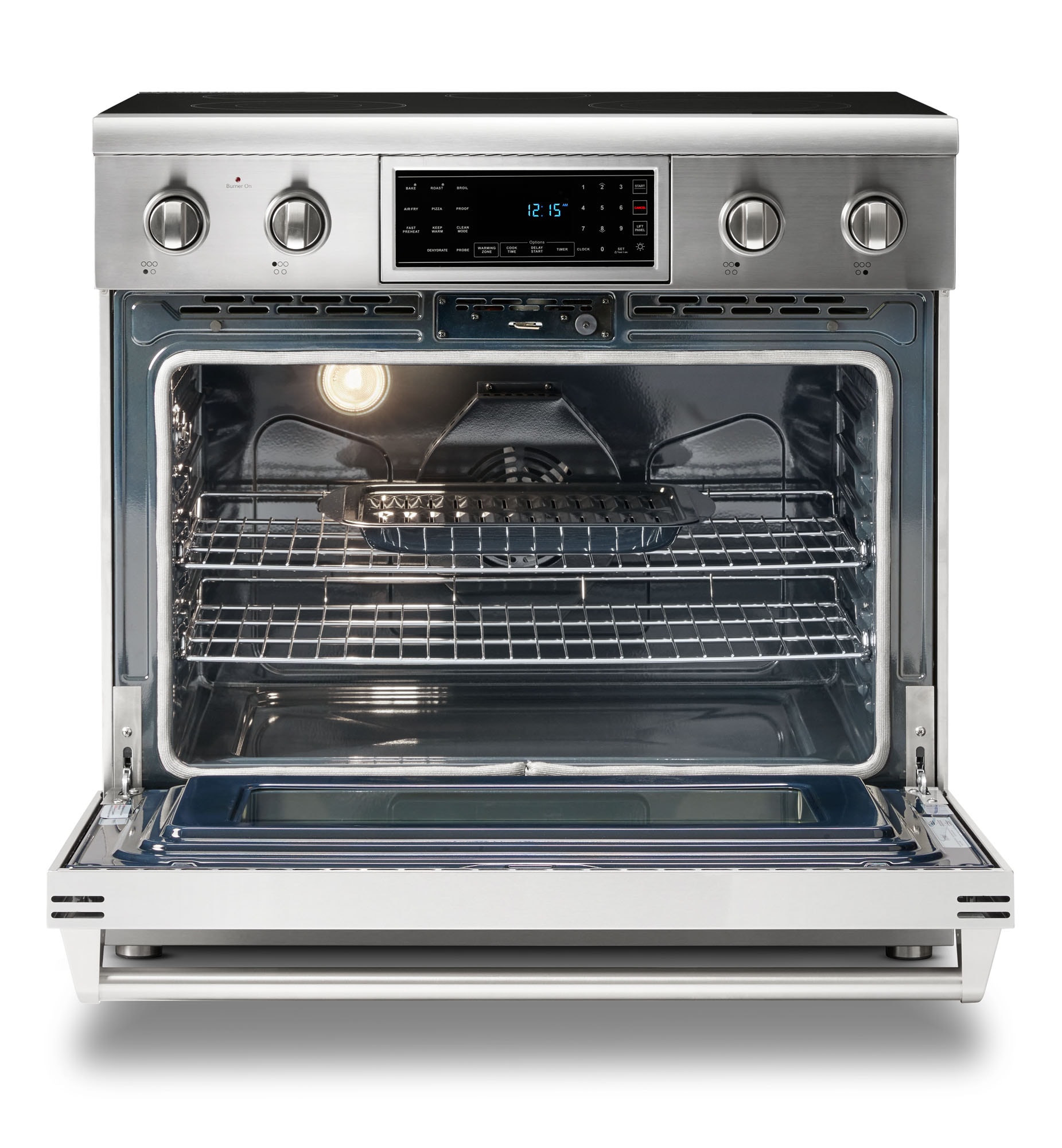 Estufa eléctrica independiente con horno de convección y freidora de aire de 6 pies cúbicos y 5 quemadores, top de cristal de 36 pulgadas de Thor Kitchen