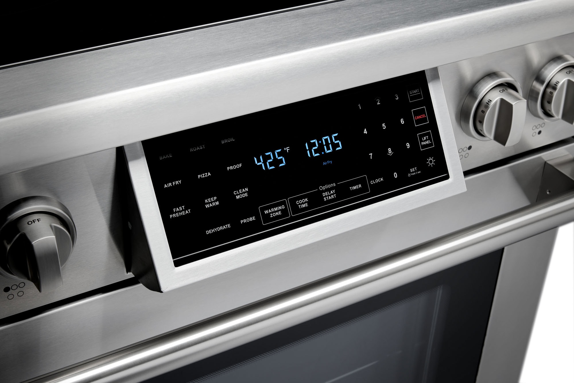 Estufa eléctrica independiente con horno de convección de aire caliente y freidora, 5 quemadores, 4.55 pies cúbicos, cubierta de vidrio de 30 pulgadas de acero inoxidable.