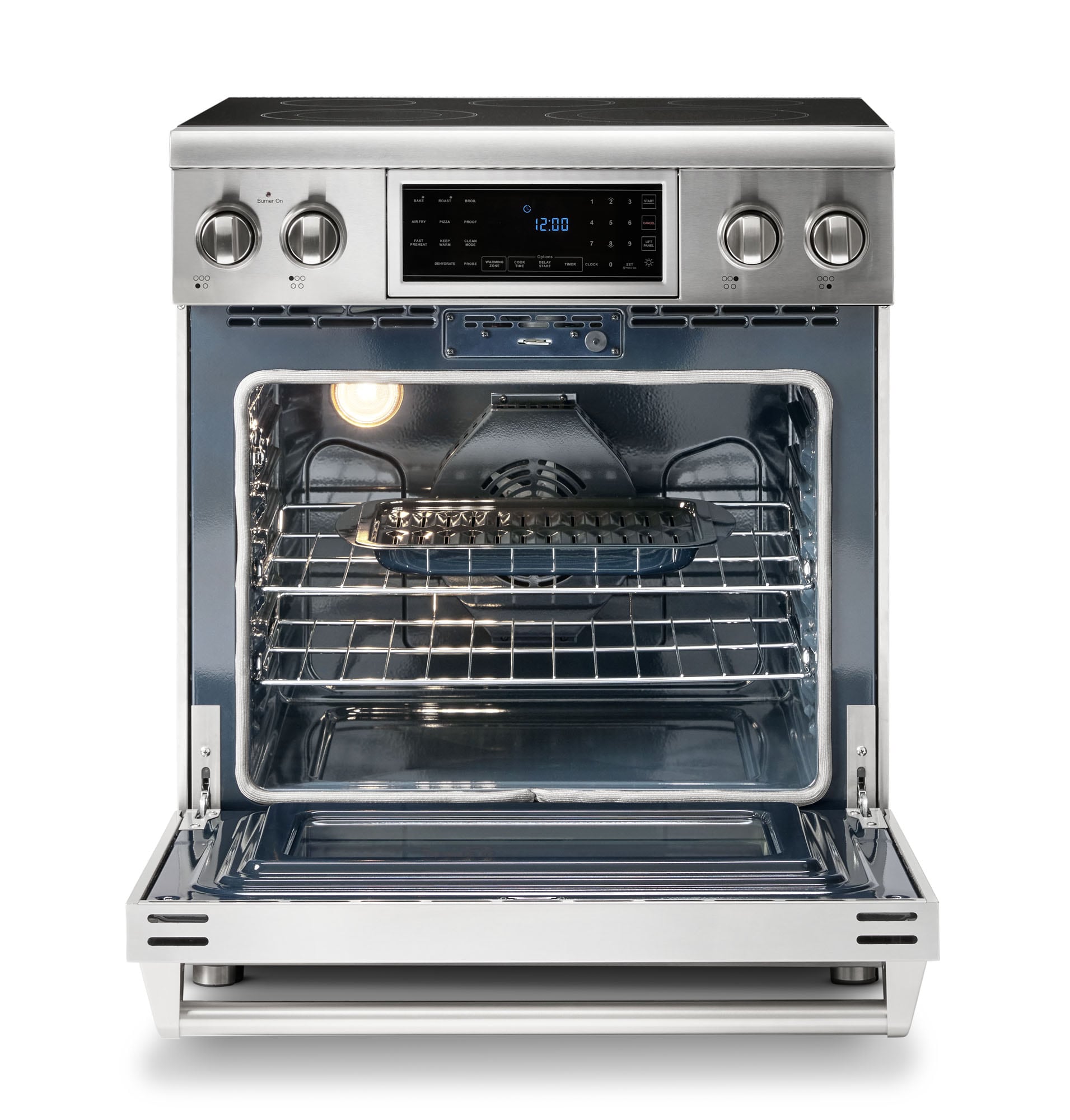 Estufa eléctrica independiente con horno de convección de aire caliente y freidora, 5 quemadores, 4.55 pies cúbicos, cubierta de vidrio de 30 pulgadas de acero inoxidable.
