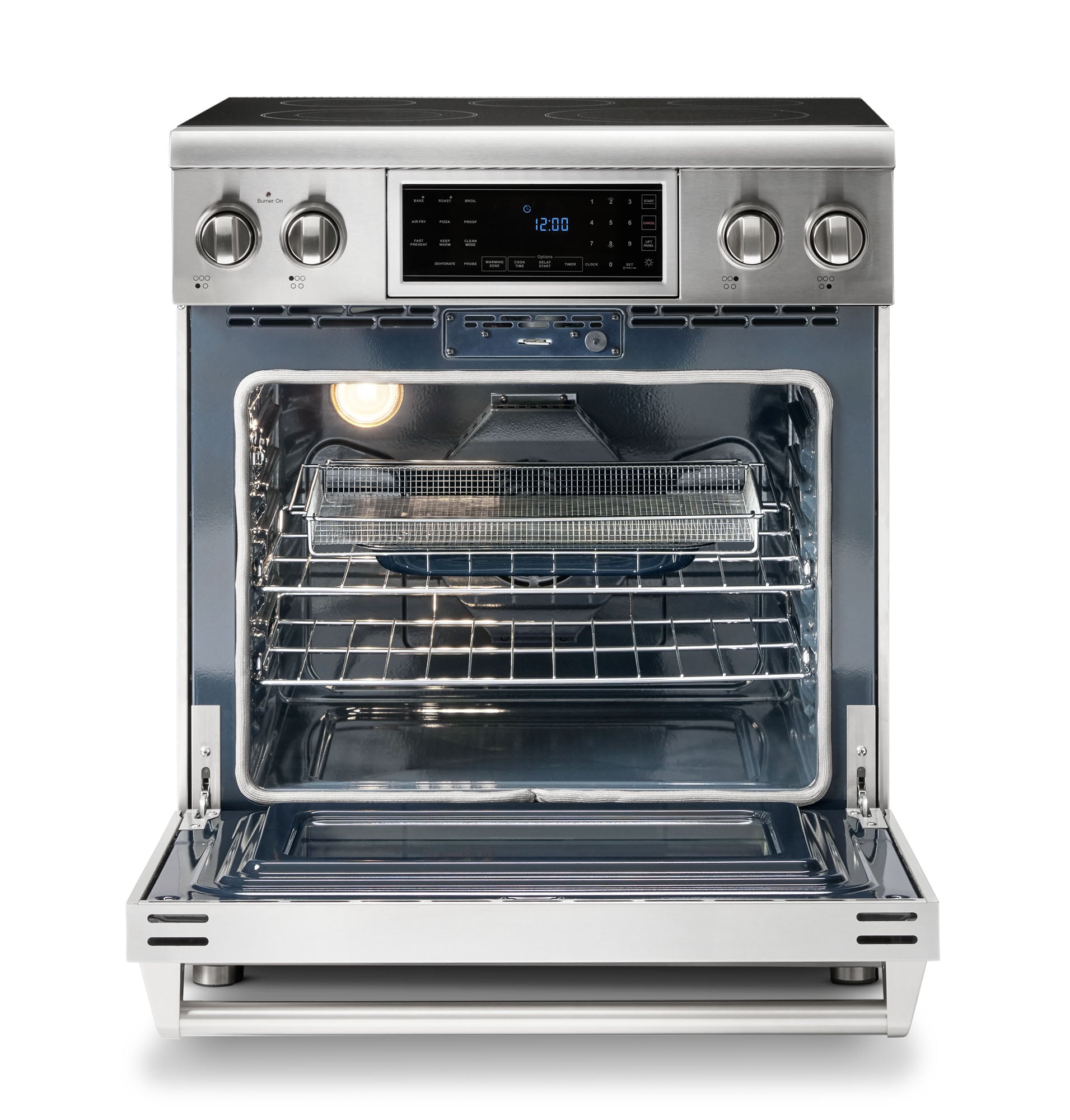 Estufa eléctrica independiente con horno de convección de aire caliente y freidora, 5 quemadores, 4.55 pies cúbicos, cubierta de vidrio de 30 pulgadas de acero inoxidable.