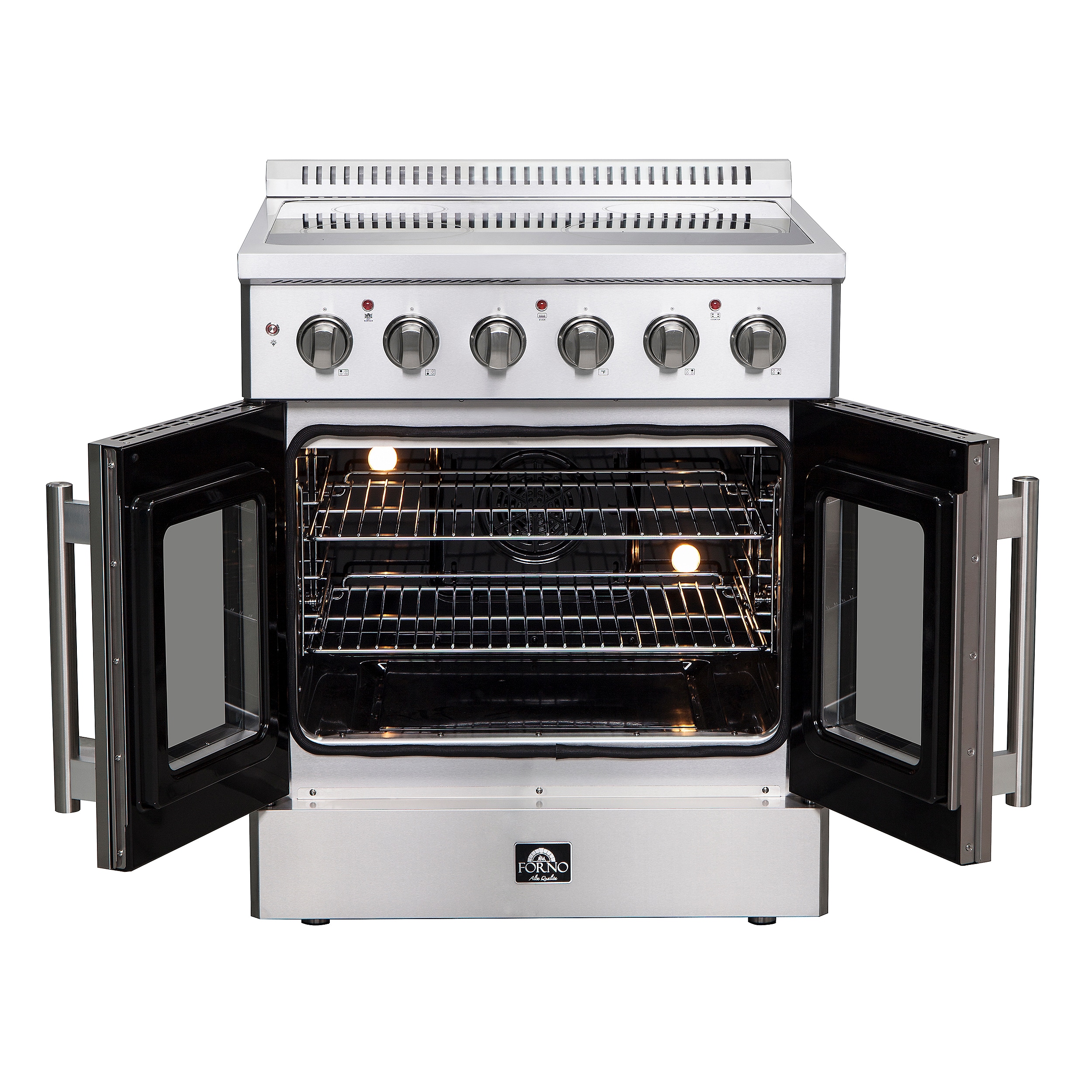 Estufa eléctrica independiente con horno de aire convección y freidora de aire FORNO Galiano Titanium de puerta francesa de 30 pulgadas con 4 quemadores en la parte superior de vidrio y 4.32 pies cúbicos de capacidad en acero inoxidable.