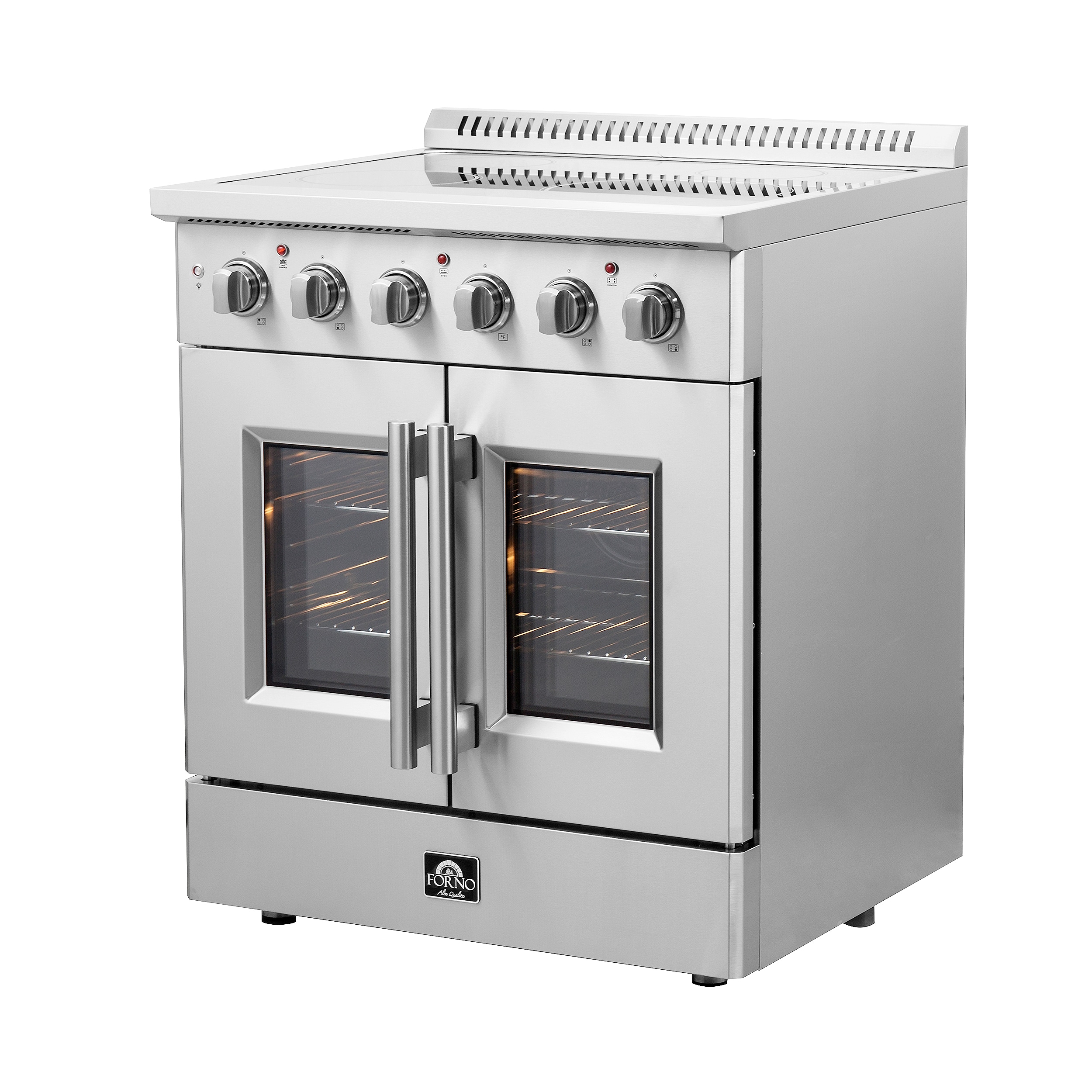 Estufa eléctrica independiente con horno de aire convección y freidora de aire FORNO Galiano Titanium de puerta francesa de 30 pulgadas con 4 quemadores en la parte superior de vidrio y 4.32 pies cúbicos de capacidad en acero inoxidable.