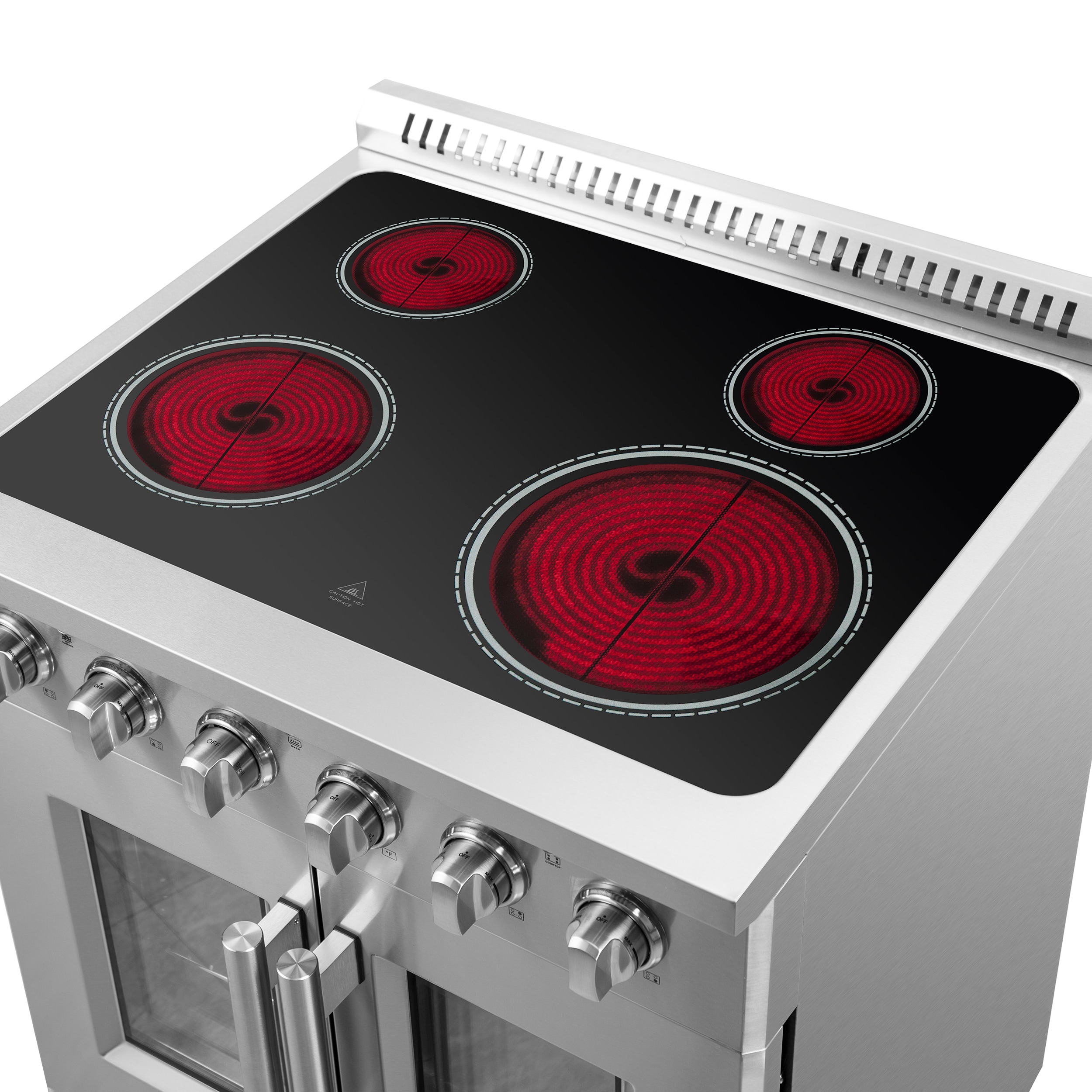 Estufa eléctrica independiente con horno de aire convección y freidora de aire FORNO Galiano Titanium de puerta francesa de 30 pulgadas con 4 quemadores en la parte superior de vidrio y 4.32 pies cúbicos de capacidad en acero inoxidable.